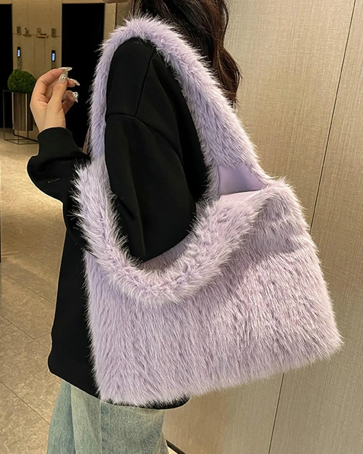2024 Winter Fall Plush Shoulder Bag Women Fuzzy Tote Soft Faux Fur Handbag Magnetic Closure Small Zip Pocket