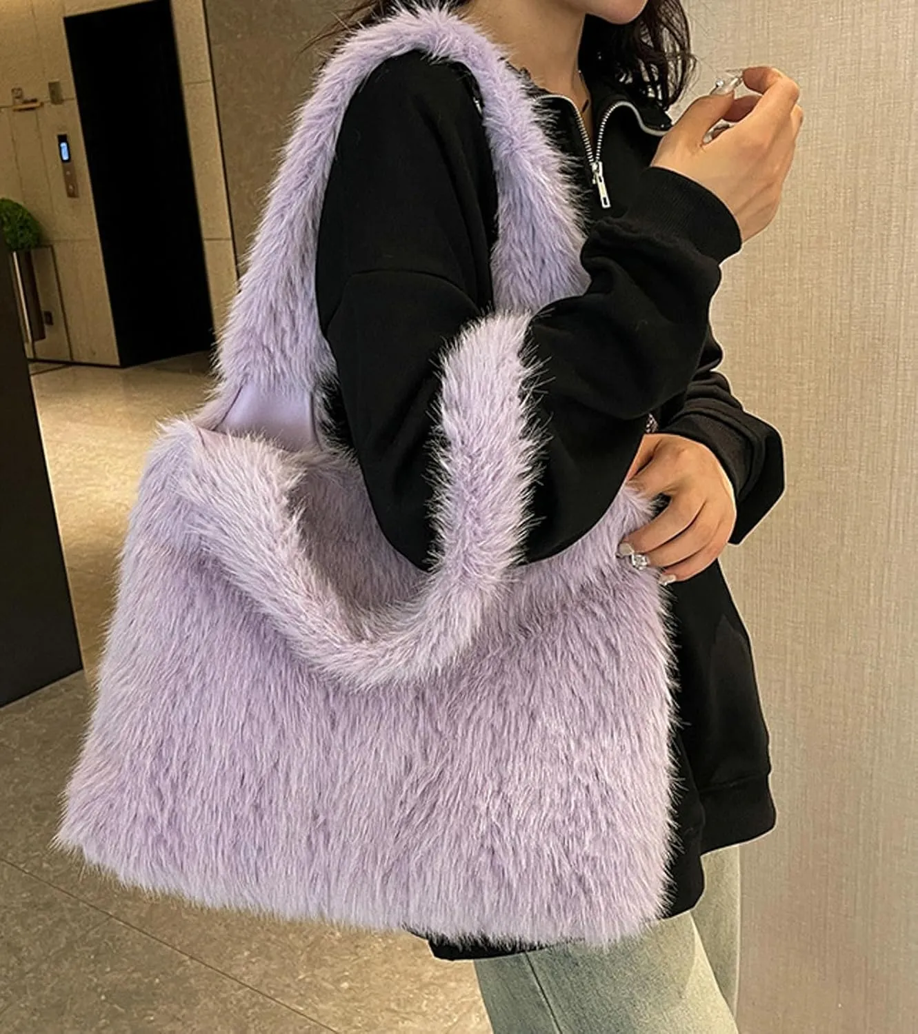 2024 Winter Fall Plush Shoulder Bag Women Fuzzy Tote Soft Faux Fur Handbag Magnetic Closure Small Zip Pocket
