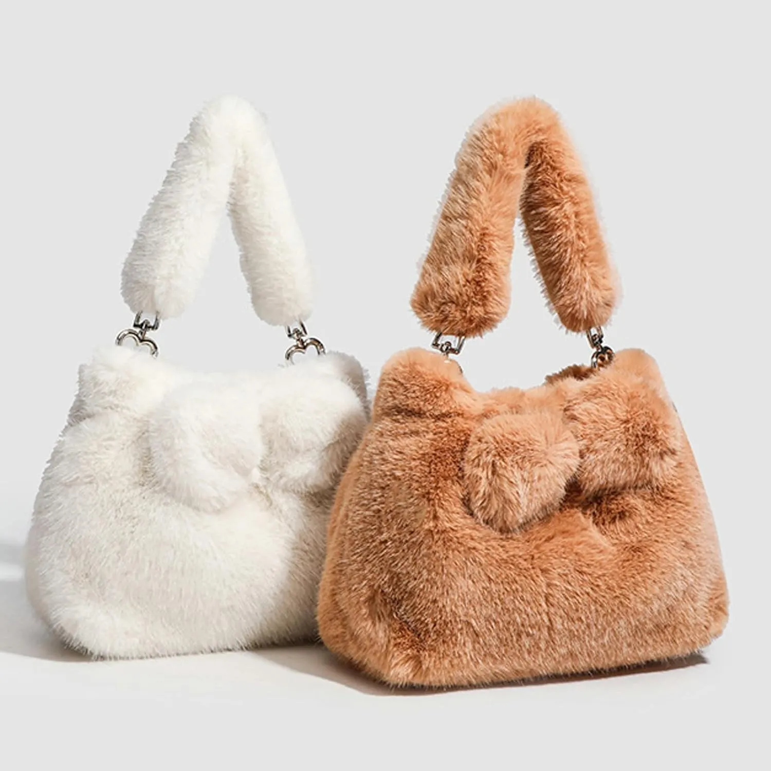 2024 Women Fall Winter Plush Tote Bag Bow Faux Mink Fur Short Handle PU Shoulder Strap Small Crossbody Bag