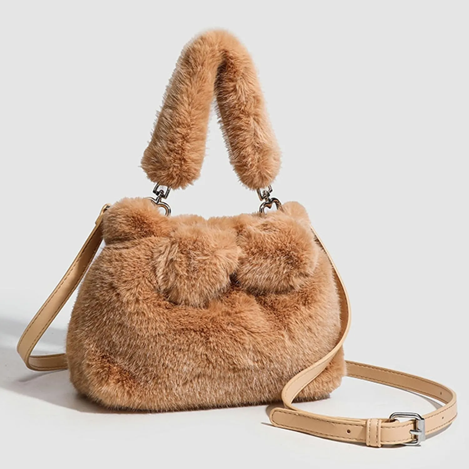 2024 Women Fall Winter Plush Tote Bag Bow Faux Mink Fur Short Handle PU Shoulder Strap Small Crossbody Bag