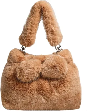 2024 Women Fall Winter Plush Tote Bag Bow Faux Mink Fur Short Handle PU Shoulder Strap Small Crossbody Bag