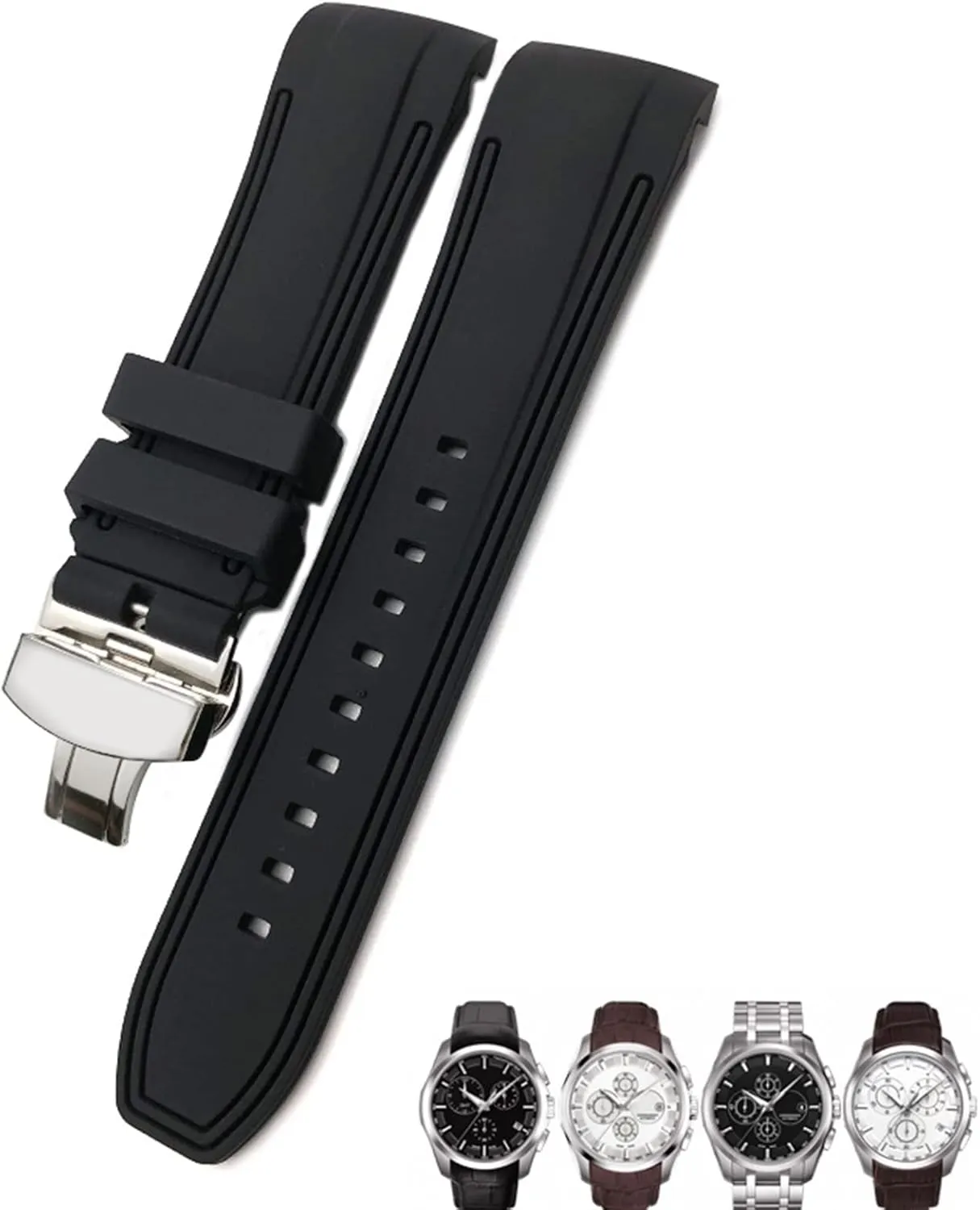 23mm 24mm Rubber Silicone Watch Strap Fit for T035 T035627 Butterfly Buckle Replacement Black Blue Curved End Watch Bands