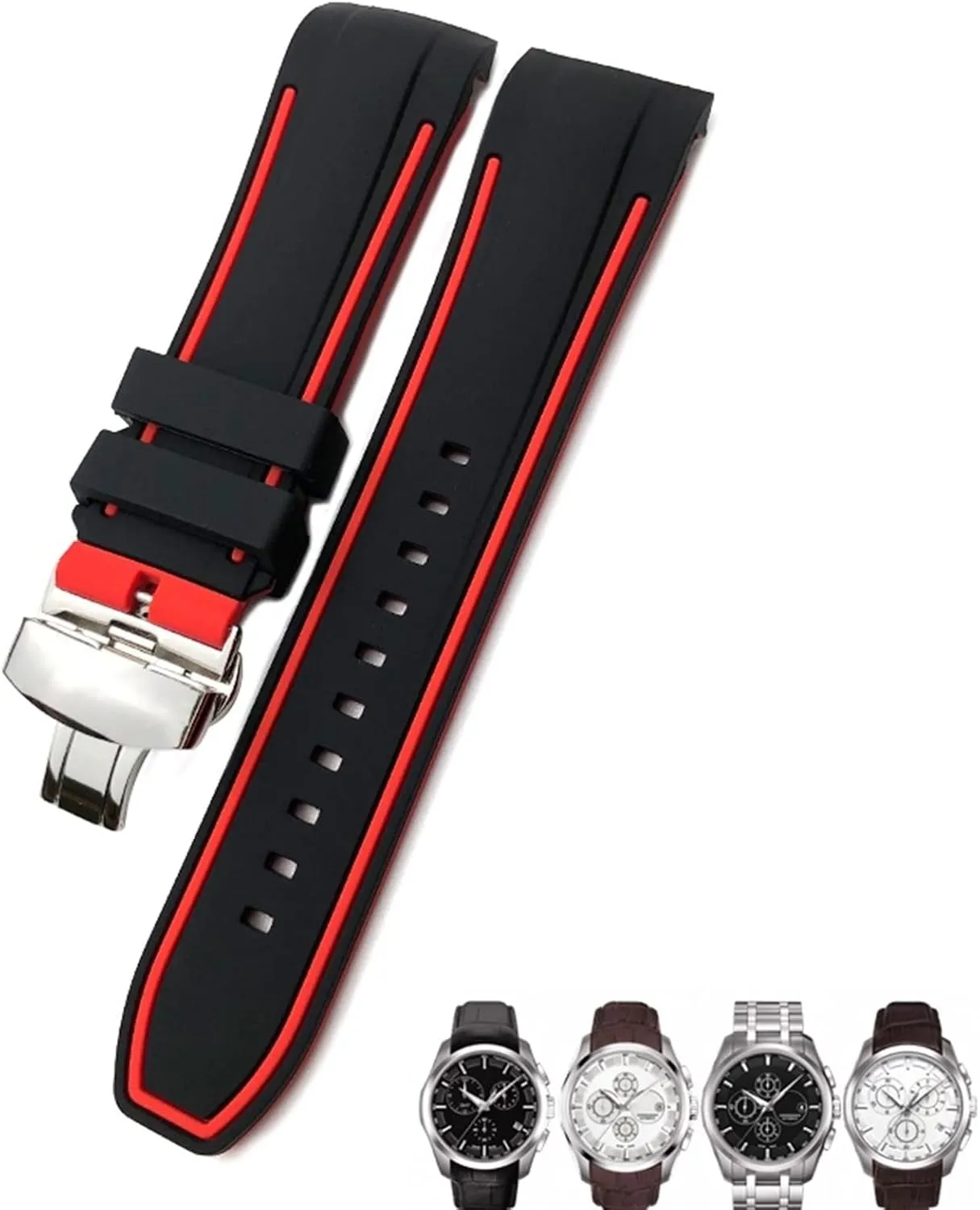 23mm 24mm Rubber Silicone Watch Strap Fit for T035 T035627 Butterfly Buckle Replacement Black Blue Curved End Watch Bands