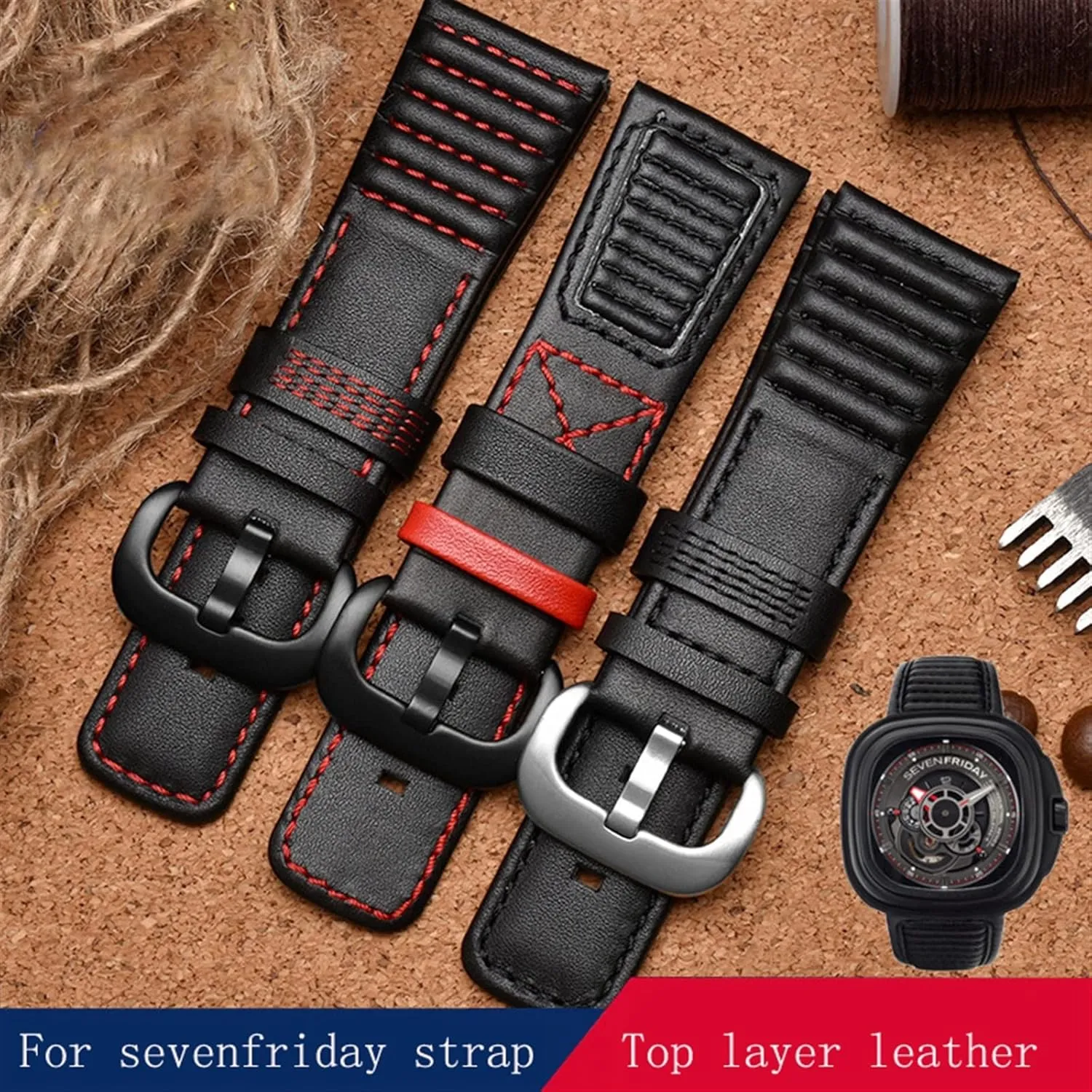 28mm Genuine Leather With Stitches Wrist Watchband Loops For Sevenfriday P3B/01 S2/01 Men Watch Strap