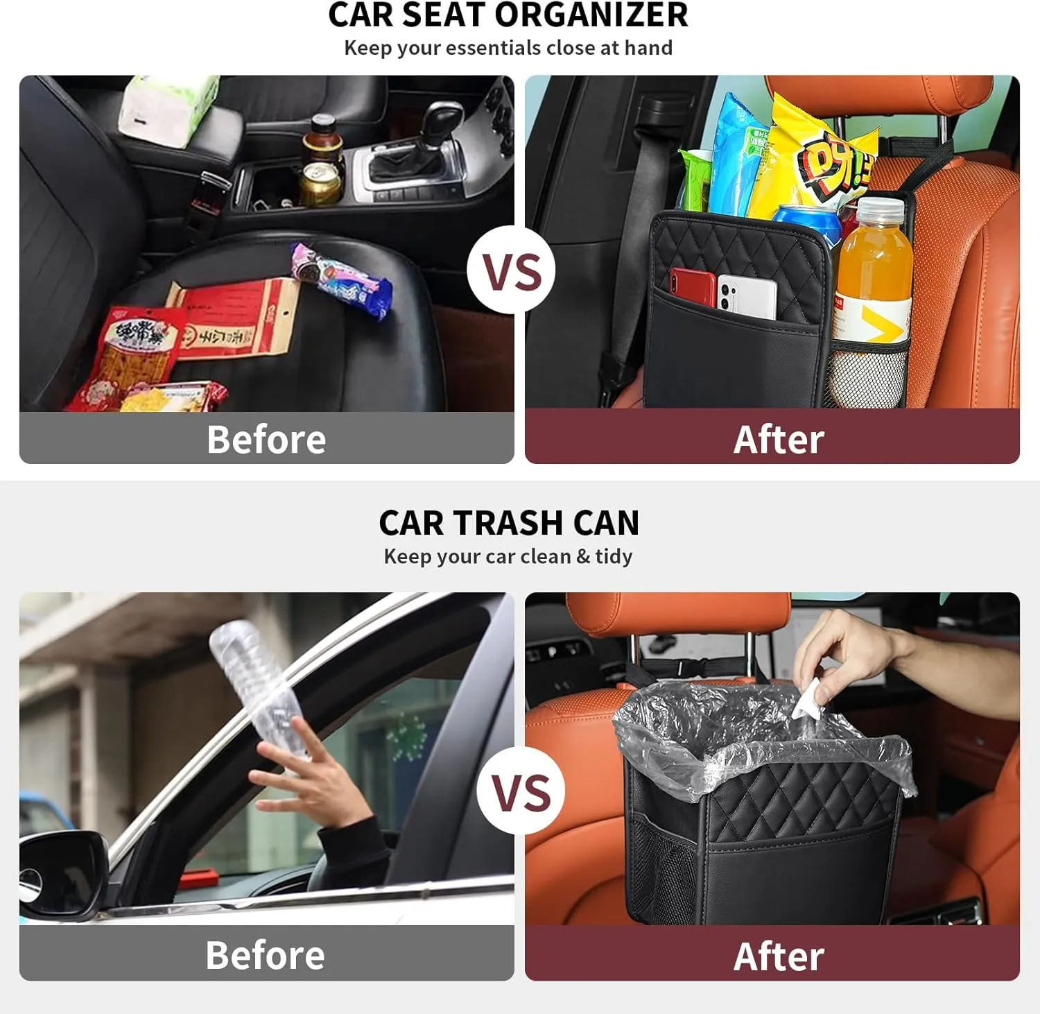 2Pack Car Seat Back Organizer, Waterproof Car Backseat Organizer with Cup Holders Large Capacity Hanging Car Storage Bag for Phones Documents Cups Bottle Travel Compatible with Most Vehicles