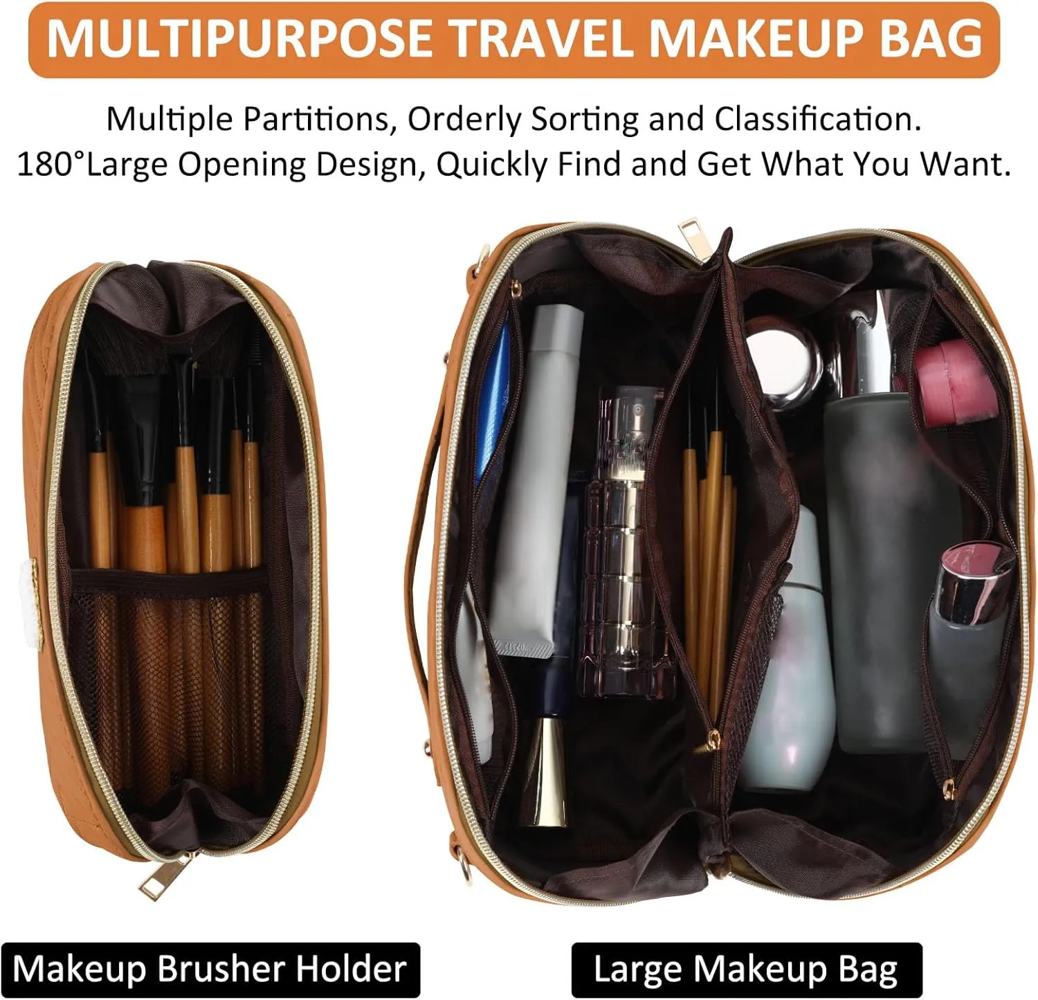 2Pcs Initial Makeup Bags for Women - Waterproof PU Leather Cosmetic Organizer, Large Capacity Open Flat Travel Set with Dividers & Handle, Personalized Birthday & festival Gift (Brown, A)