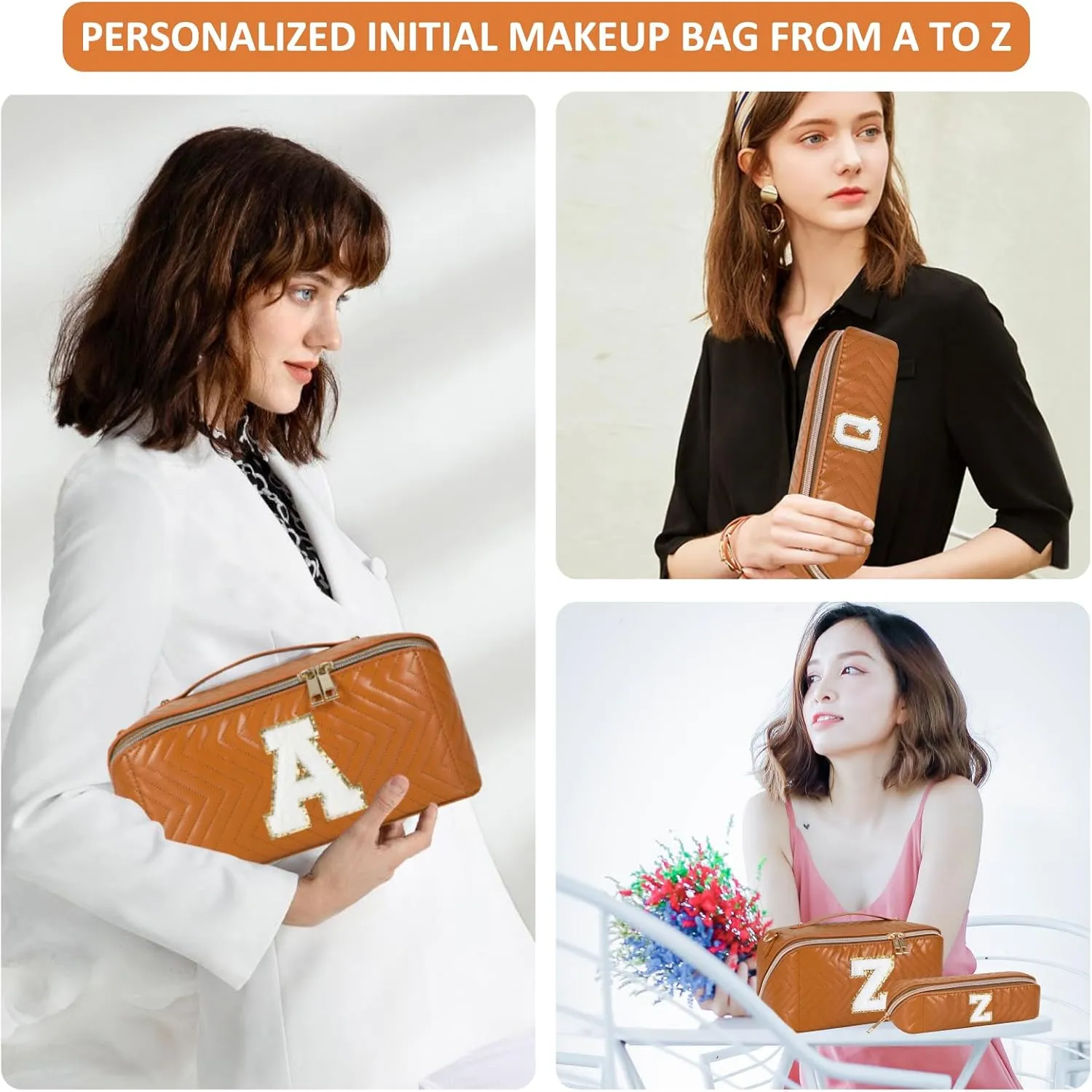2Pcs Initial Makeup Bags for Women - Waterproof PU Leather Cosmetic Organizer, Large Capacity Open Flat Travel Set with Dividers & Handle, Personalized Birthday & festival Gift (Brown, A)