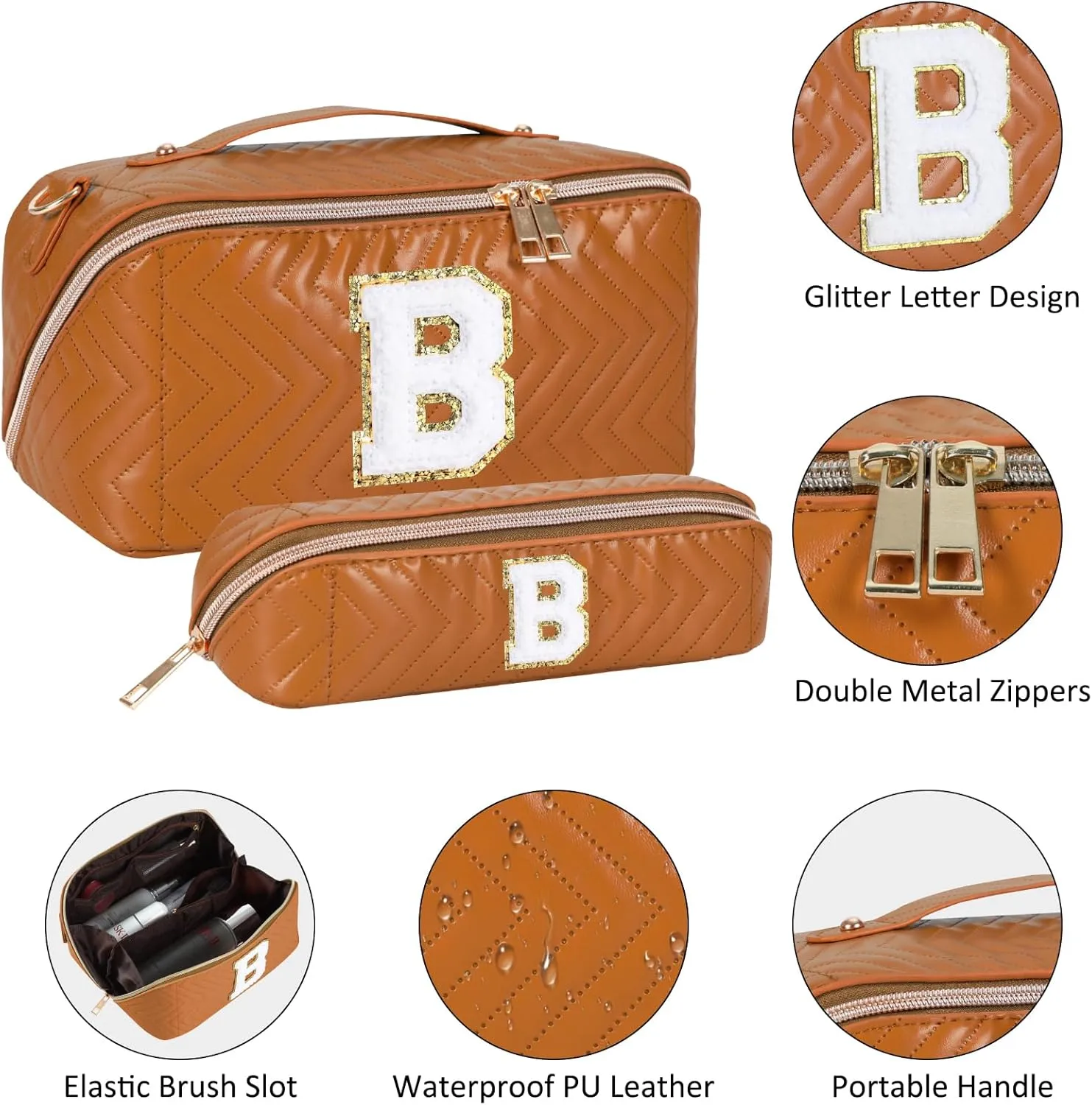 2Pcs Initial Makeup Bags for Women - Waterproof PU Leather Cosmetic Organizer, Large Capacity Open Flat Travel Set with Dividers & Handle, Personalized Birthday & festival Gift (Brown, A)