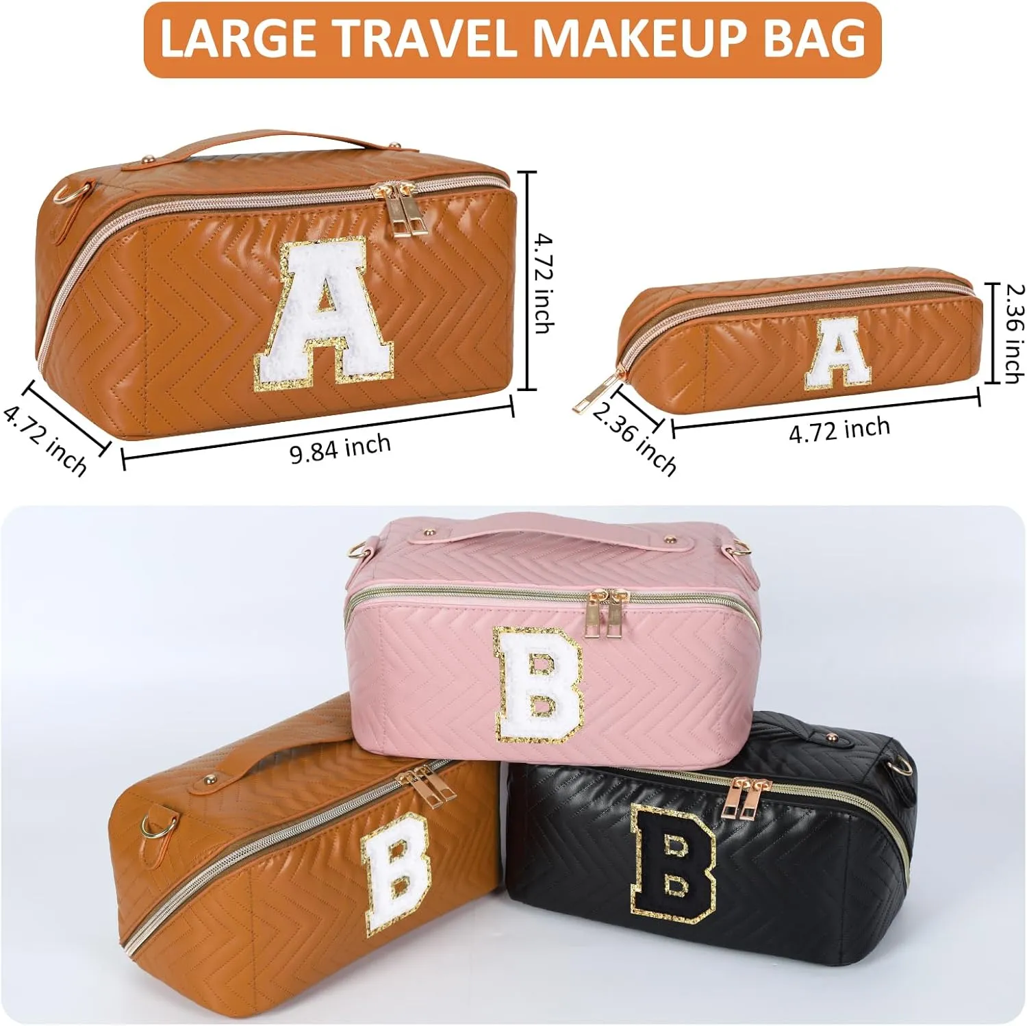 2Pcs Initial Makeup Bags for Women - Waterproof PU Leather Cosmetic Organizer, Large Capacity Open Flat Travel Set with Dividers & Handle, Personalized Birthday & festival Gift (Brown, A)