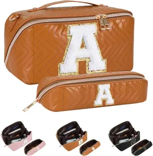 2Pcs Initial Makeup Bags for Women - Waterproof PU Leather Cosmetic Organizer, Large Capacity Open Flat Travel Set with Dividers & Handle, Personalized Birthday & festival Gift (Brown, A)