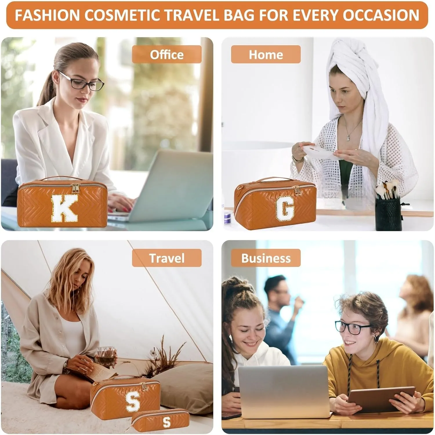 2Pcs Initial Makeup Bags for Women - Waterproof PU Leather Cosmetic Organizer, Large Capacity Open Flat Travel Set with Dividers & Handle, Personalized Birthday & festival Gift (Brown, A)