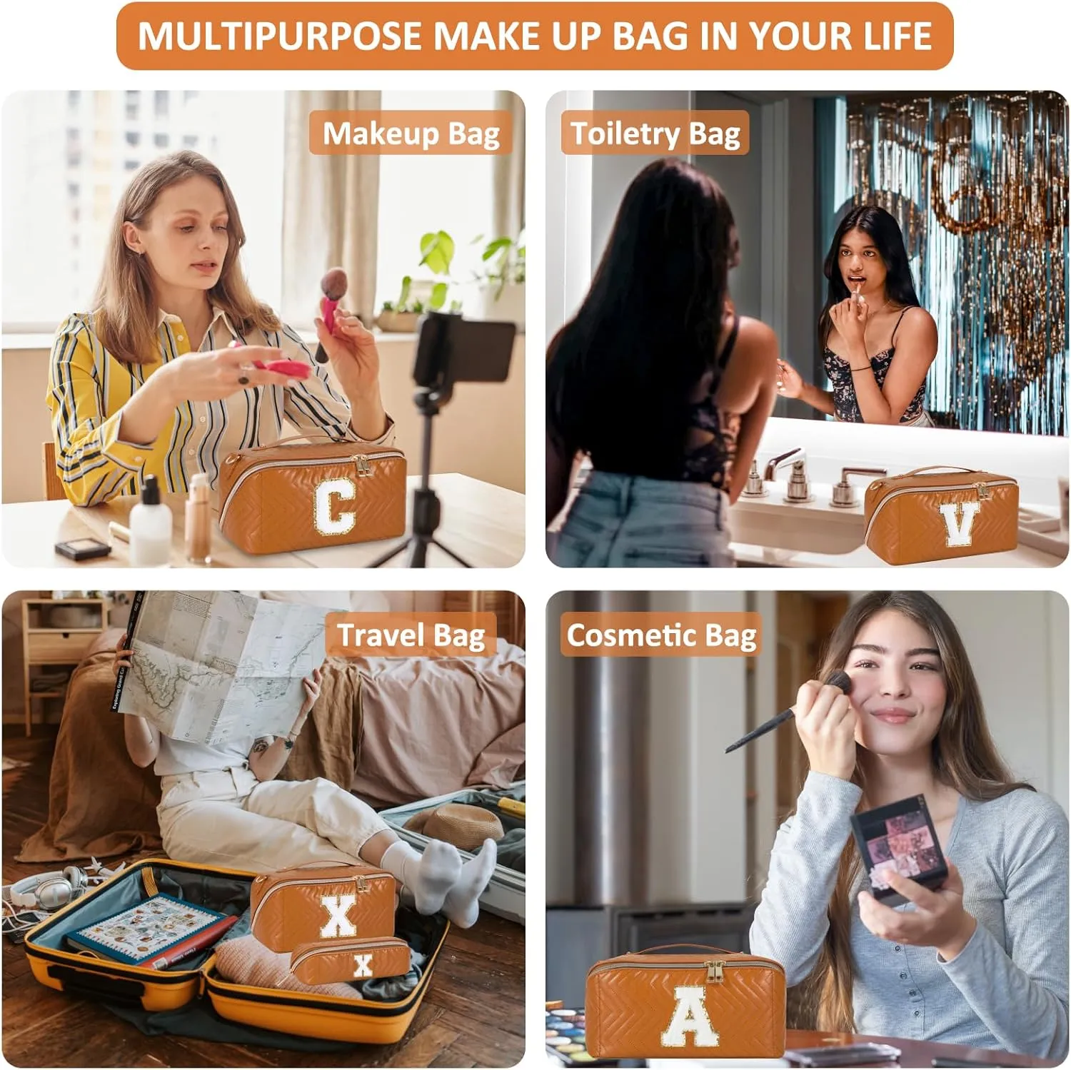 2Pcs Initial Makeup Bags for Women - Waterproof PU Leather Cosmetic Organizer, Large Capacity Open Flat Travel Set with Dividers & Handle, Personalized Birthday & festival Gift (Brown, A)
