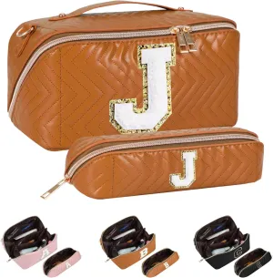 2Pcs Initial Makeup Bags for Women - Waterproof PU Leather Cosmetic Organizer, Large Capacity Open Flat Travel Set with Dividers & Handle, Personalized Birthday & festival Gift (Brown, J)
