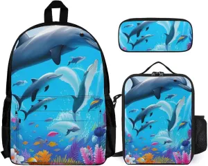 3 Pcs Daypack Dolphins Sea Underwater Beautiful Sea World Art Traveling & Camping Backpack Sets - Large Capacity Multipurpose Anti-Theft Carry On Bag for Adults