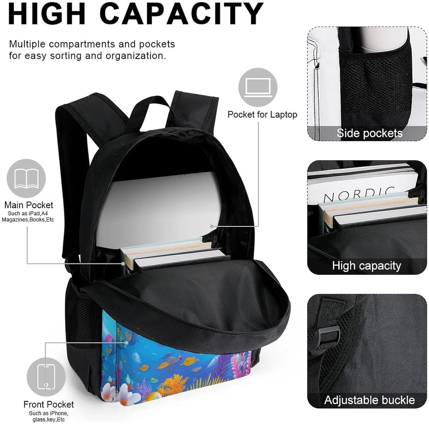 3 Pcs Daypack Dolphins Sea Underwater Beautiful Sea World Art Traveling & Camping Backpack Sets - Large Capacity Multipurpose Anti-Theft Carry On Bag for Adults
