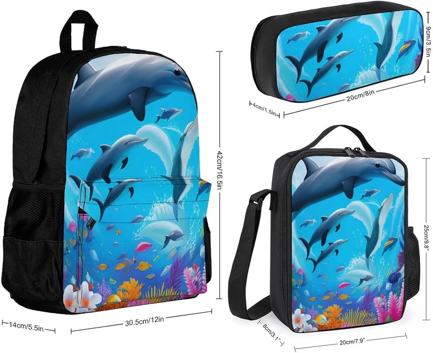 3 Pcs Daypack Dolphins Sea Underwater Beautiful Sea World Art Traveling & Camping Backpack Sets - Large Capacity Multipurpose Anti-Theft Carry On Bag for Adults