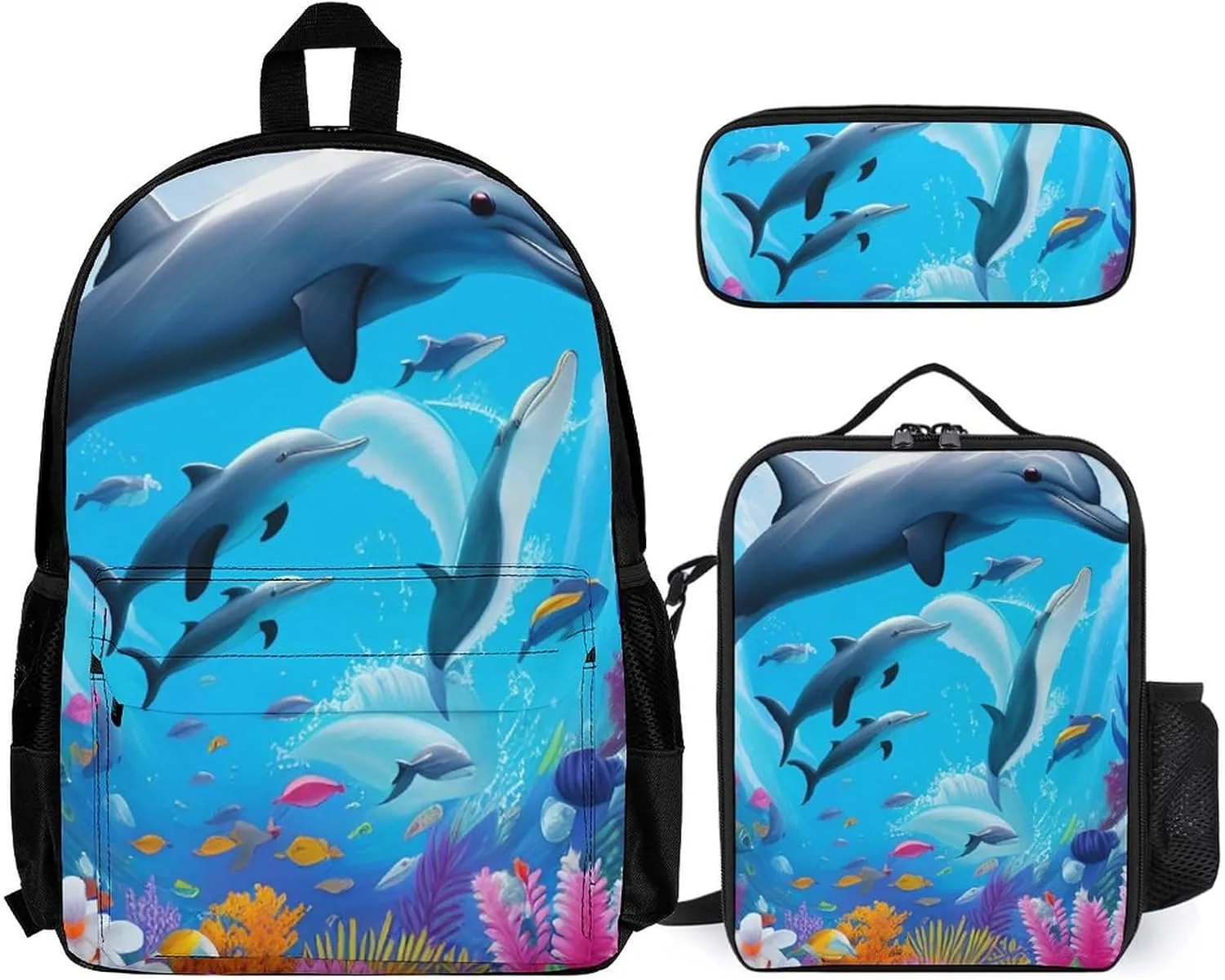 3 Pcs Daypack Dolphins Sea Underwater Beautiful Sea World Art Traveling & Camping Backpack Sets - Large Capacity Multipurpose Anti-Theft Carry On Bag for Adults