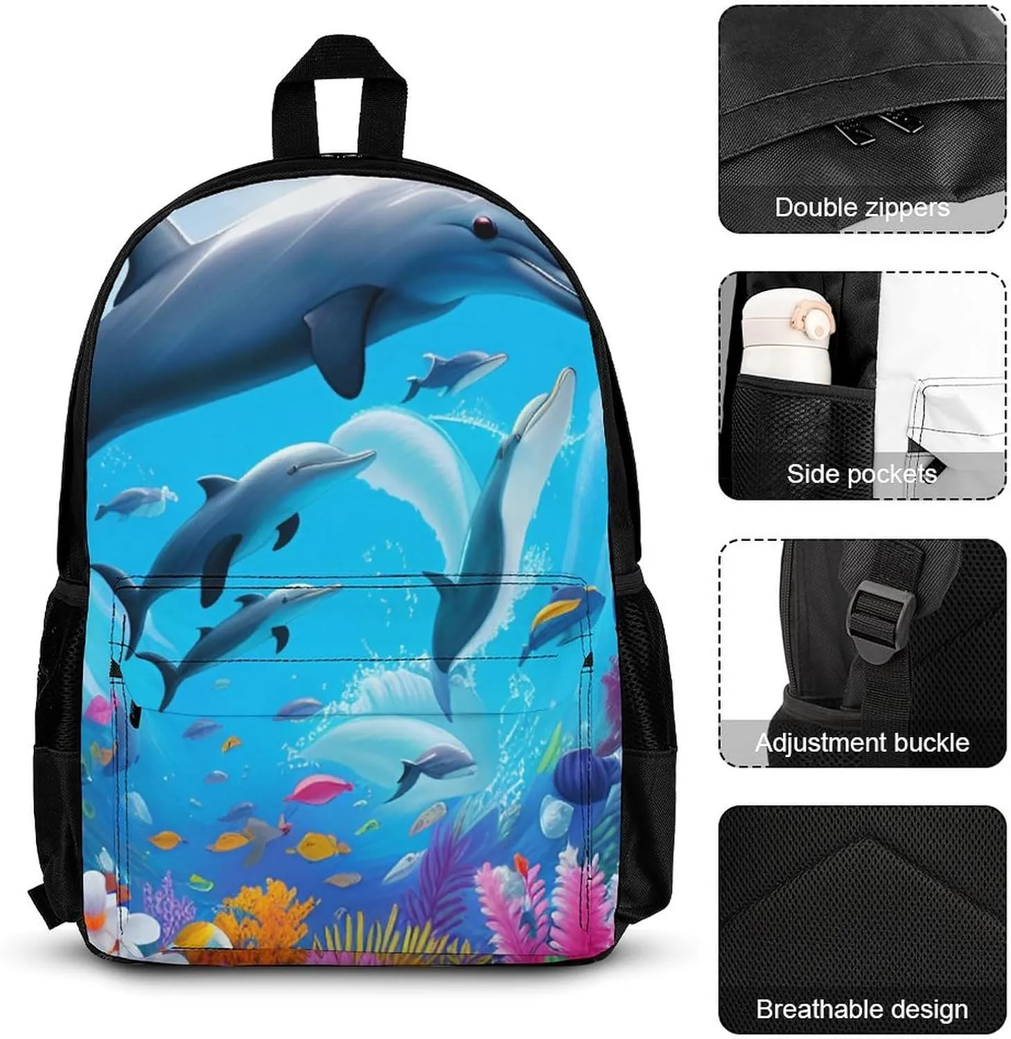 3 Pcs Daypack Dolphins Sea Underwater Beautiful Sea World Art Traveling & Camping Backpack Sets - Large Capacity Multipurpose Anti-Theft Carry On Bag for Adults