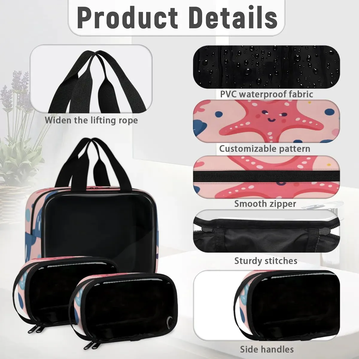 3 PCS Travel Makeup Bag Set Cute Fish Starfish Translucent Cosmetic Bags Portable Toiletry Bag for Women Makeup & Skincare Storage for Travel & Daily Use