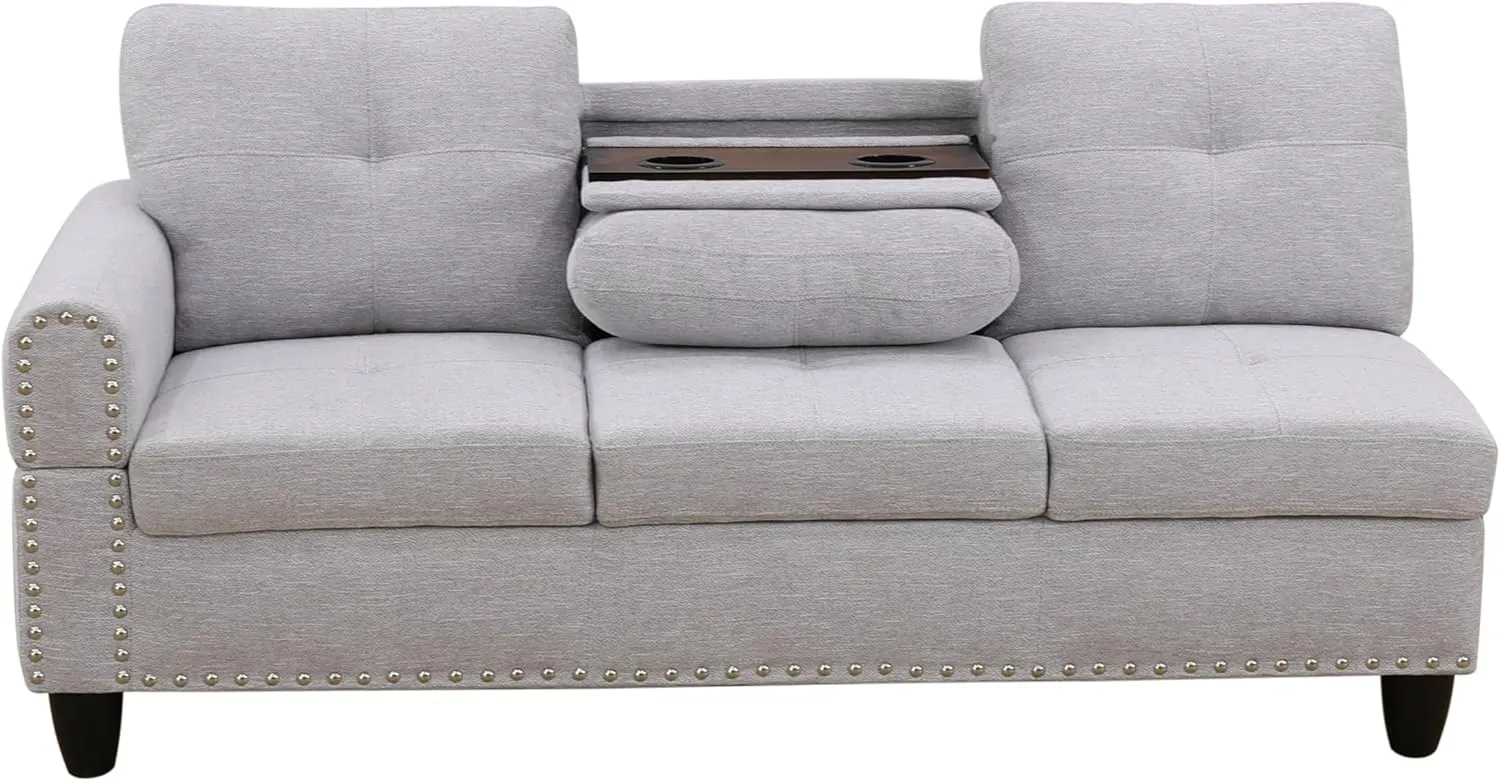 3-Piece L-Shaped Sectional Couches Sets with Storage Ottoman and Chaise Lounge for Living Room, Linen Modular Upholstered Sofas with Right Armrest, Foldable Console, Cup Holder (Grey White)