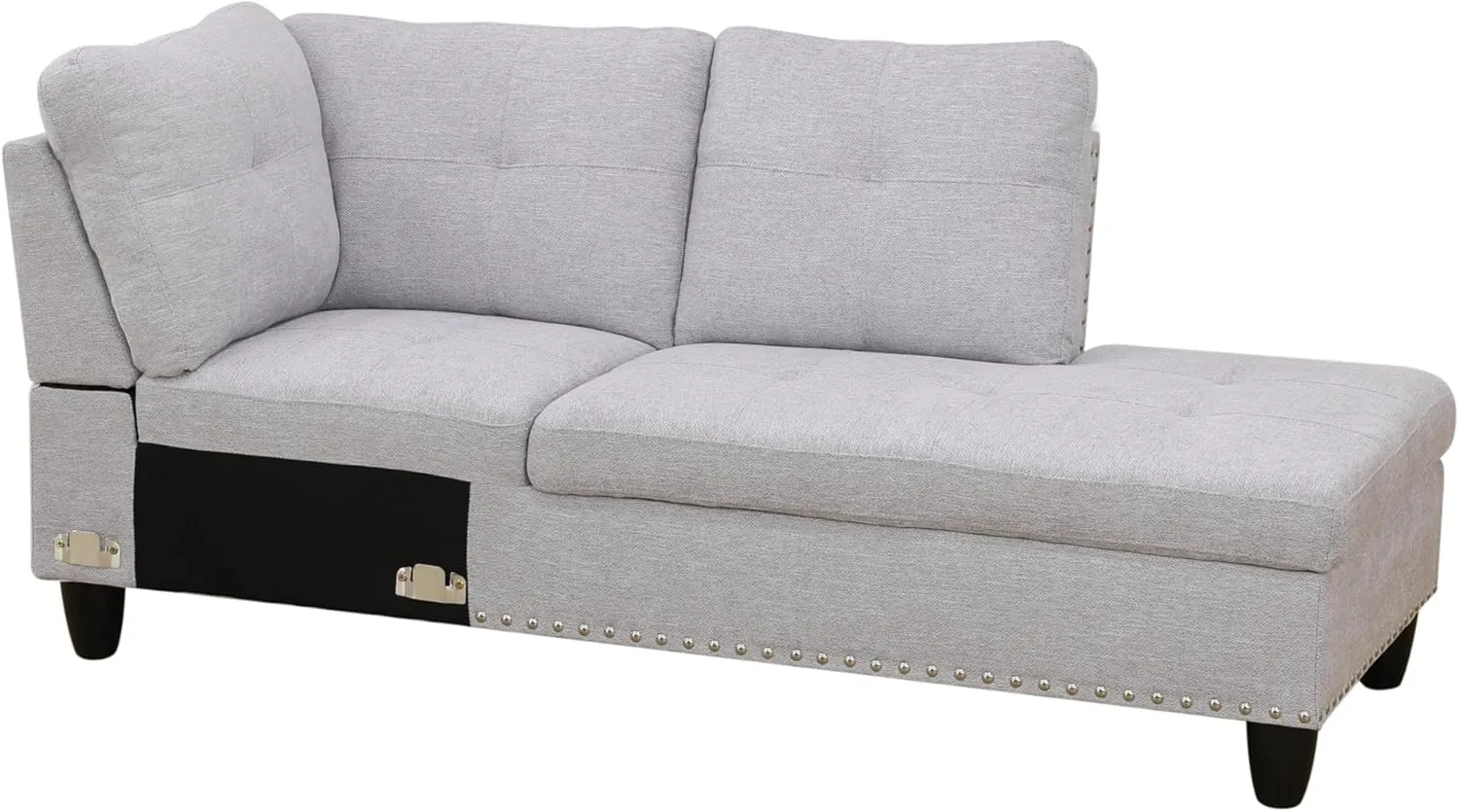 3-Piece L-Shaped Sectional Couches Sets with Storage Ottoman and Chaise Lounge for Living Room, Linen Modular Upholstered Sofas with Right Armrest, Foldable Console, Cup Holder (Grey White)