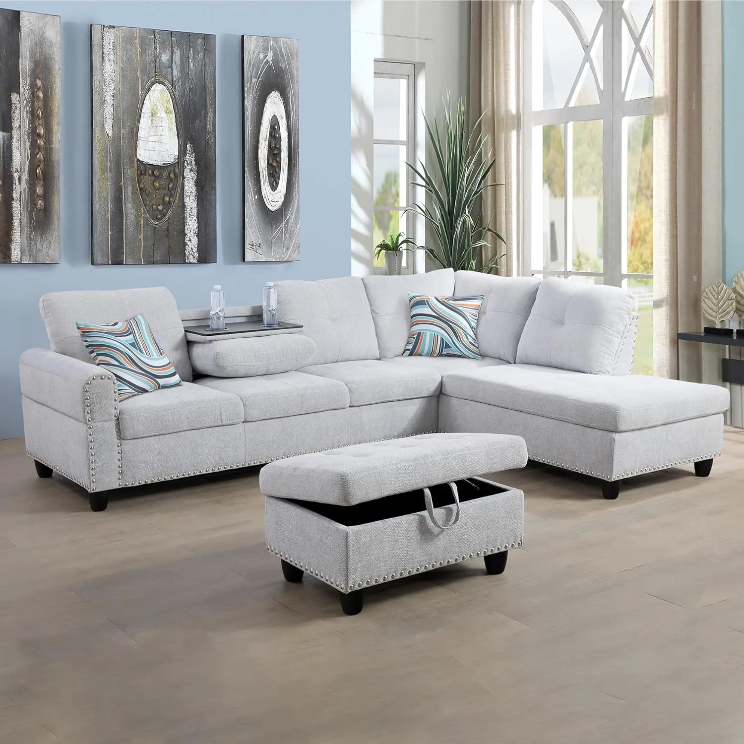 3-Piece L-Shaped Sectional Couches Sets with Storage Ottoman and Chaise Lounge for Living Room, Linen Modular Upholstered Sofas with Right Armrest, Foldable Console, Cup Holder (Grey White)