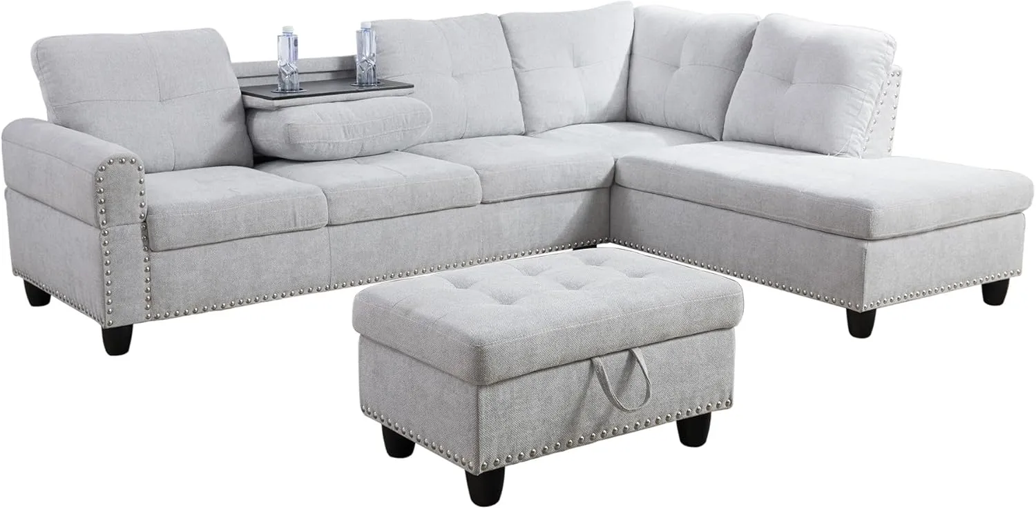 3-Piece L-Shaped Sectional Couches Sets with Storage Ottoman and Chaise Lounge for Living Room, Linen Modular Upholstered Sofas with Right Armrest, Foldable Console, Cup Holder (Grey White)