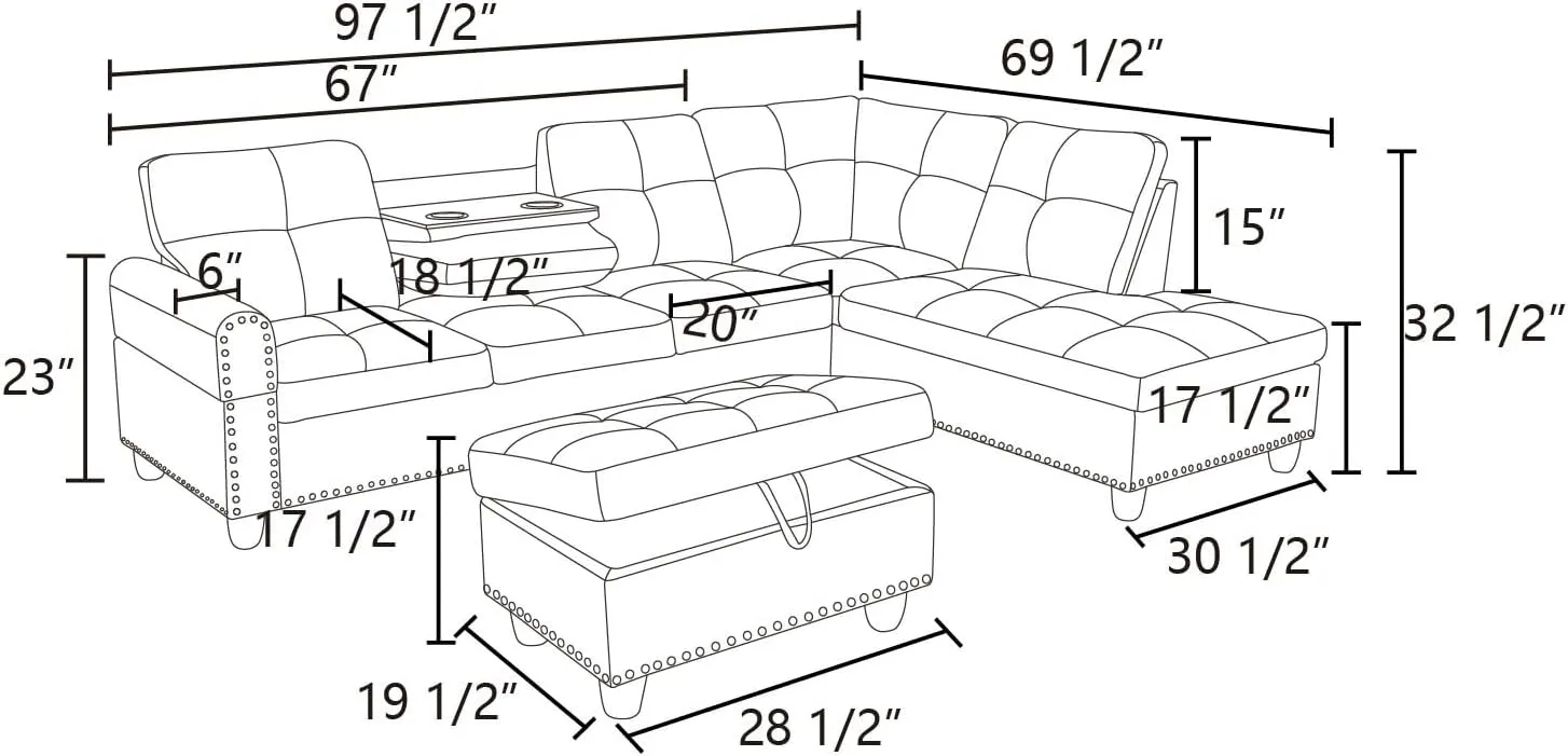 3-Piece L-Shaped Sectional Couches Sets with Storage Ottoman and Chaise Lounge for Living Room, Linen Modular Upholstered Sofas with Right Armrest, Foldable Console, Cup Holder (Grey White)