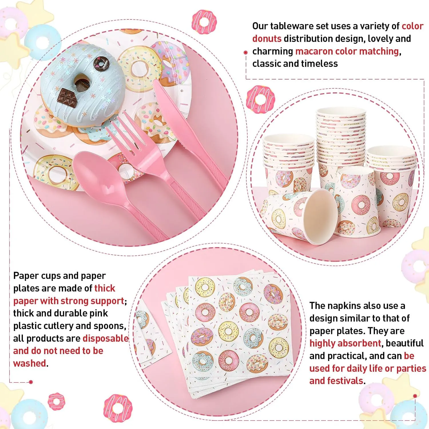 350 Pcs Donut Grow up Party Supplies Tableware Set Disposable 9'' 7'' Paper Plates 9 oz Cups Cutlery Napkins Dinnerware Set for 1st Birthday, Serve 50 (Donut Grow Up, Macron Color)