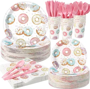 350 Pcs Donut Grow up Party Supplies Tableware Set Disposable 9'' 7'' Paper Plates 9 oz Cups Cutlery Napkins Dinnerware Set for 1st Birthday, Serve 50 (Donut Grow Up, Macron Color)