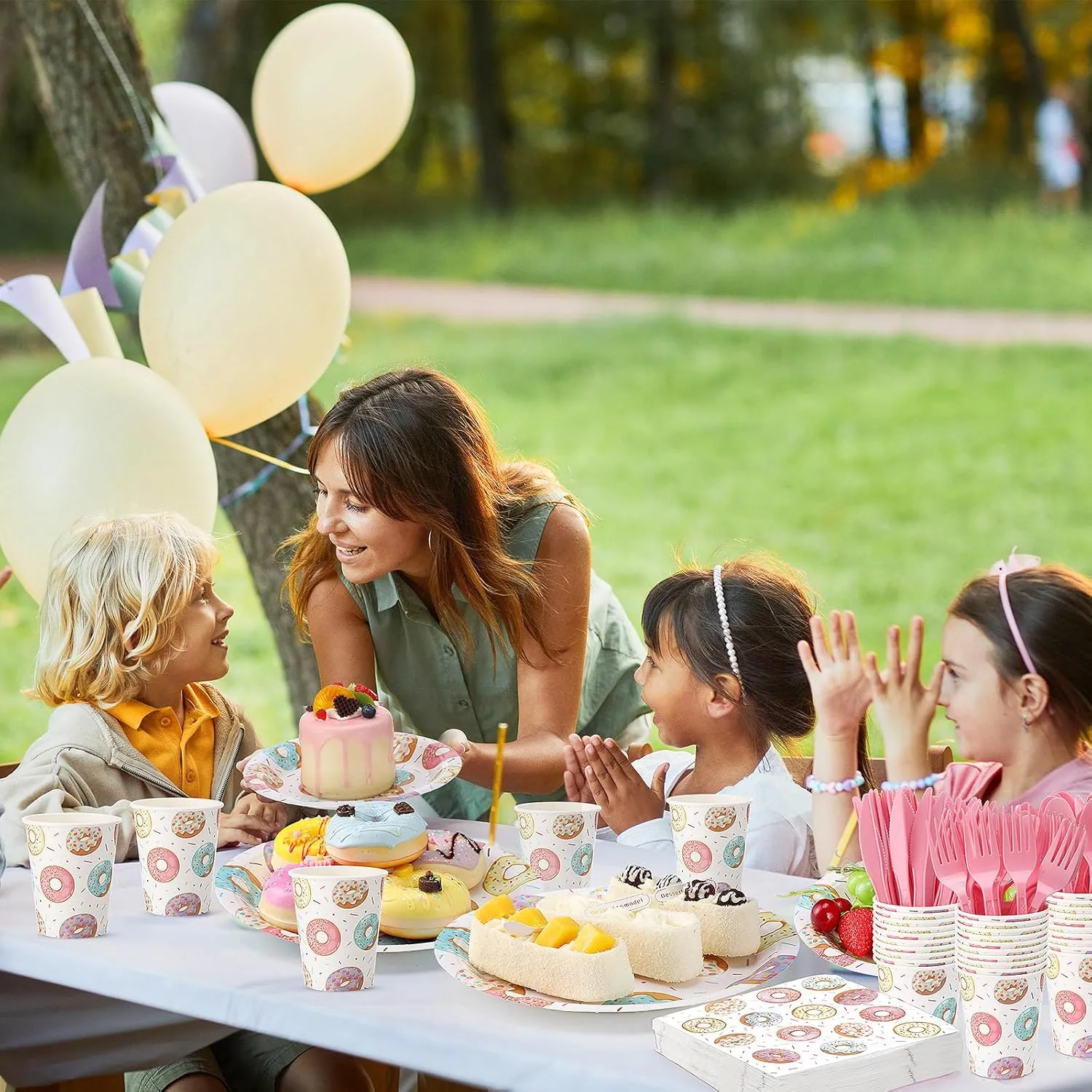 350 Pcs Donut Grow up Party Supplies Tableware Set Disposable 9'' 7'' Paper Plates 9 oz Cups Cutlery Napkins Dinnerware Set for 1st Birthday, Serve 50 (Donut Grow Up, Macron Color)