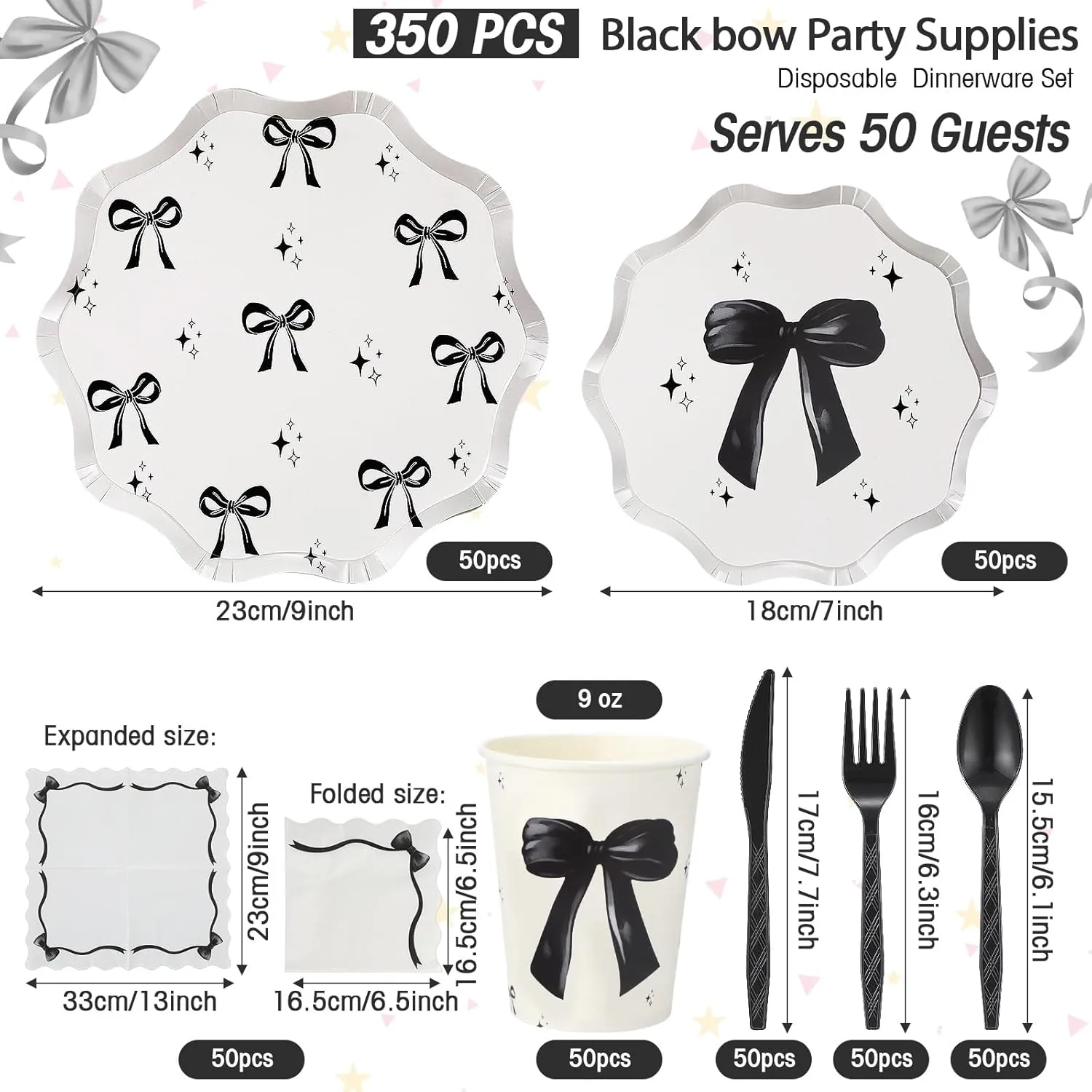 350 Pcs Party Supplies Tableware Set Disposable 9'' 7'' Paper Plates 9 oz Cups Cutlery Napkins Dinnerware Set for 1st Birthday, Serve 50 (Black,Bow)