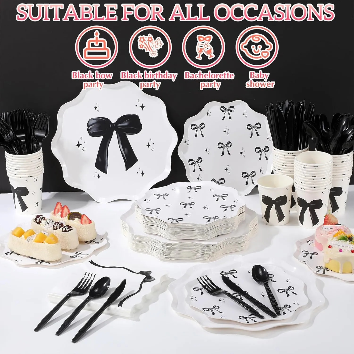 350 Pcs Party Supplies Tableware Set Disposable 9'' 7'' Paper Plates 9 oz Cups Cutlery Napkins Dinnerware Set for 1st Birthday, Serve 50 (Black,Bow)