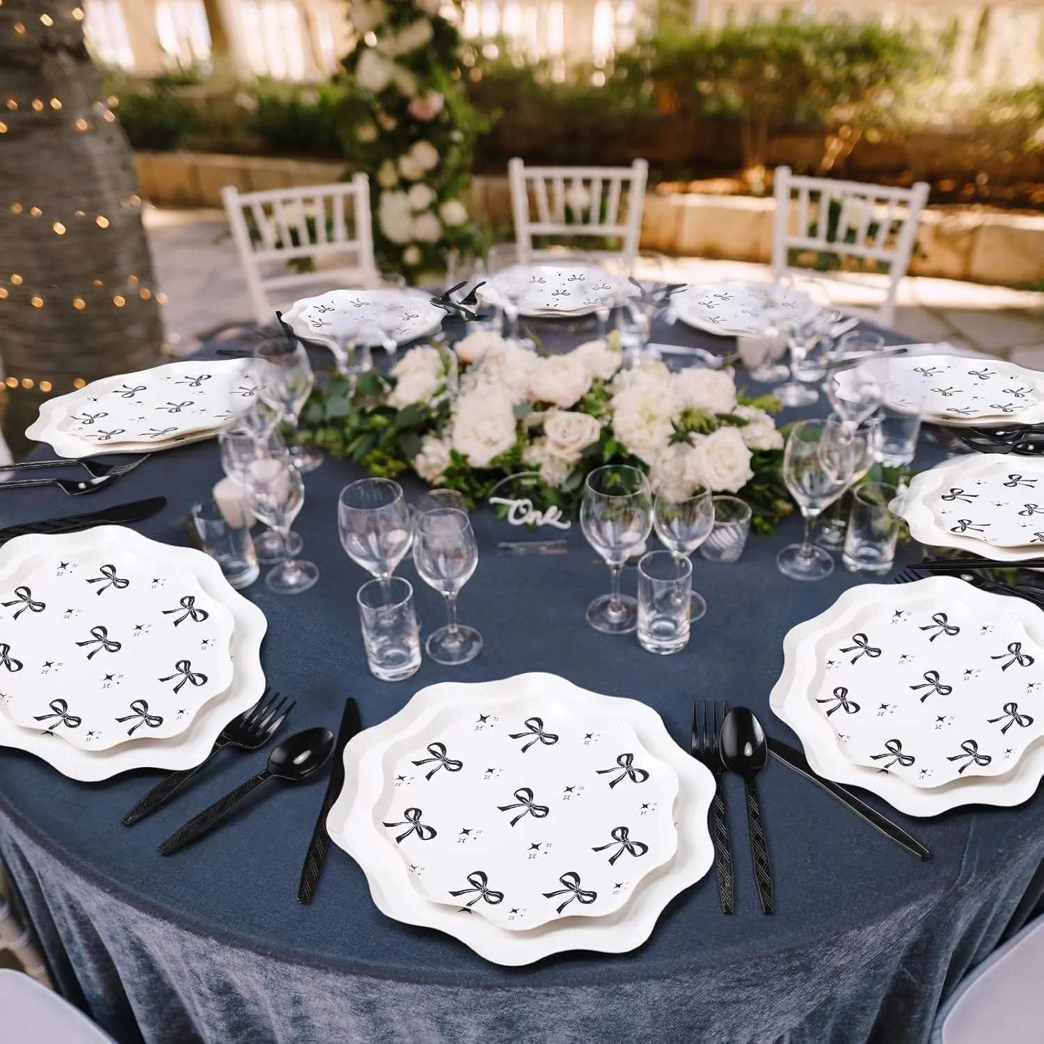 350 Pcs Party Supplies Tableware Set Disposable 9'' 7'' Paper Plates 9 oz Cups Cutlery Napkins Dinnerware Set for 1st Birthday, Serve 50 (Black,Bow)