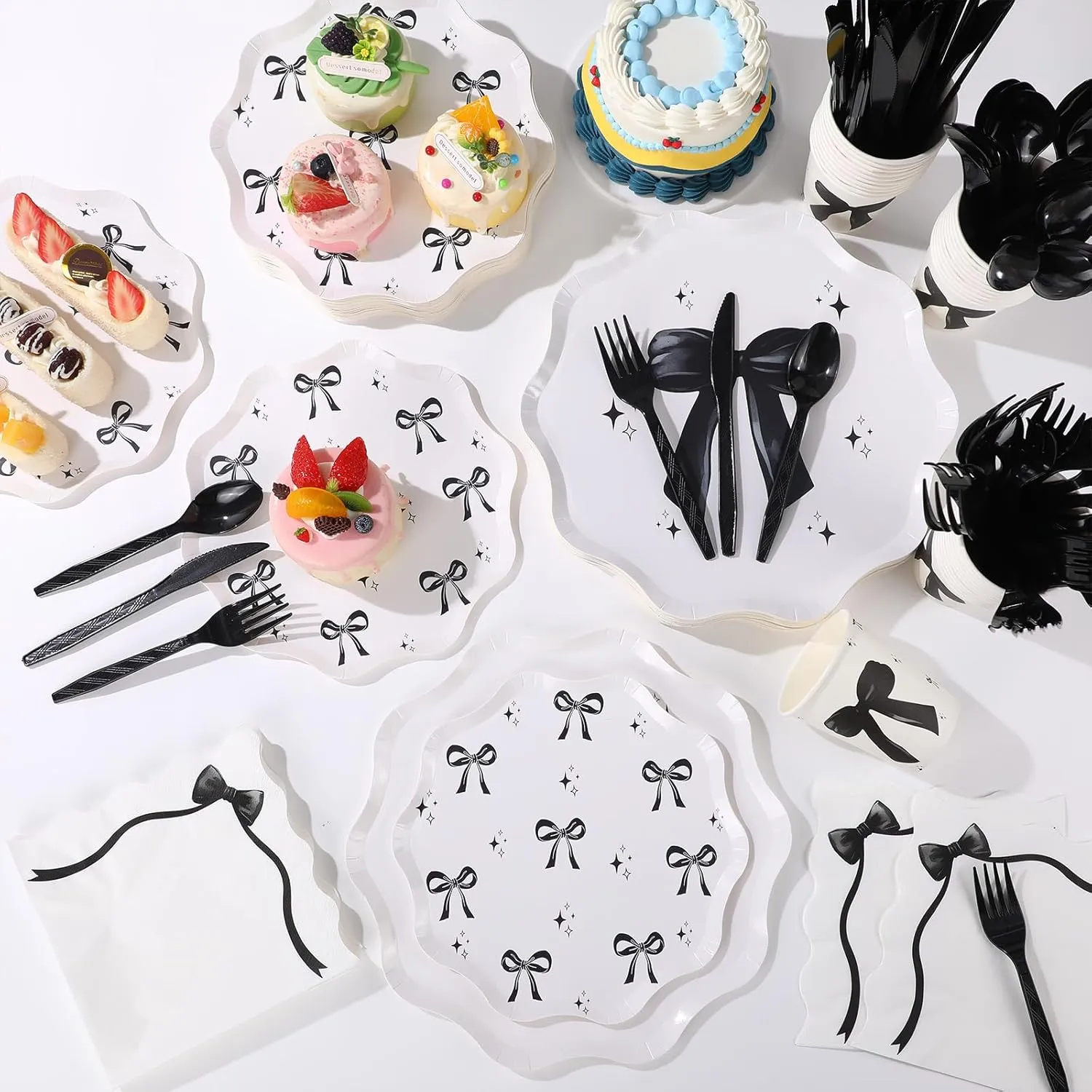 350 Pcs Party Supplies Tableware Set Disposable 9'' 7'' Paper Plates 9 oz Cups Cutlery Napkins Dinnerware Set for 1st Birthday, Serve 50 (Black,Bow)