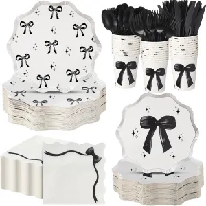 350 Pcs Party Supplies Tableware Set Disposable 9'' 7'' Paper Plates 9 oz Cups Cutlery Napkins Dinnerware Set for 1st Birthday, Serve 50 (Black,Bow)