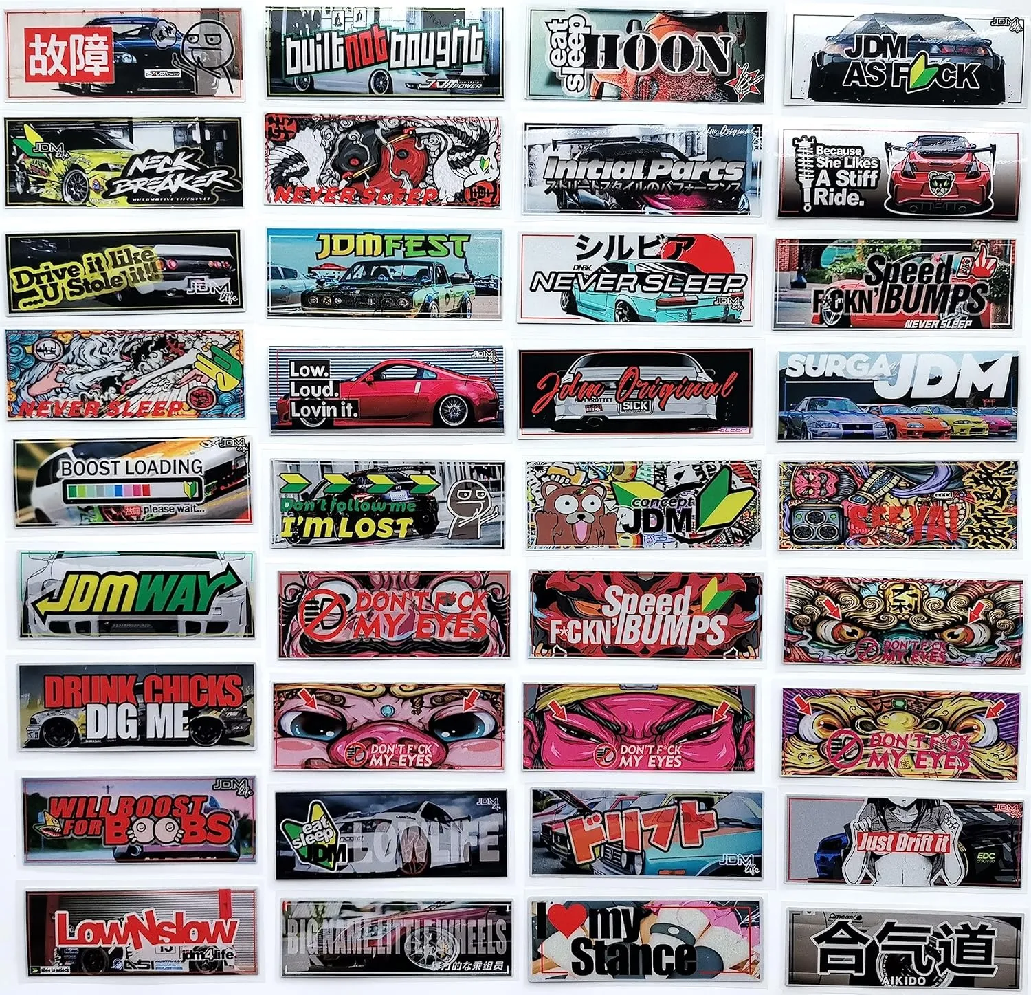 37Pcs Cool JDM Car Decals Pack Funny Bumper Stickers for Vehicle Customization JDM Racing Decal Graphics