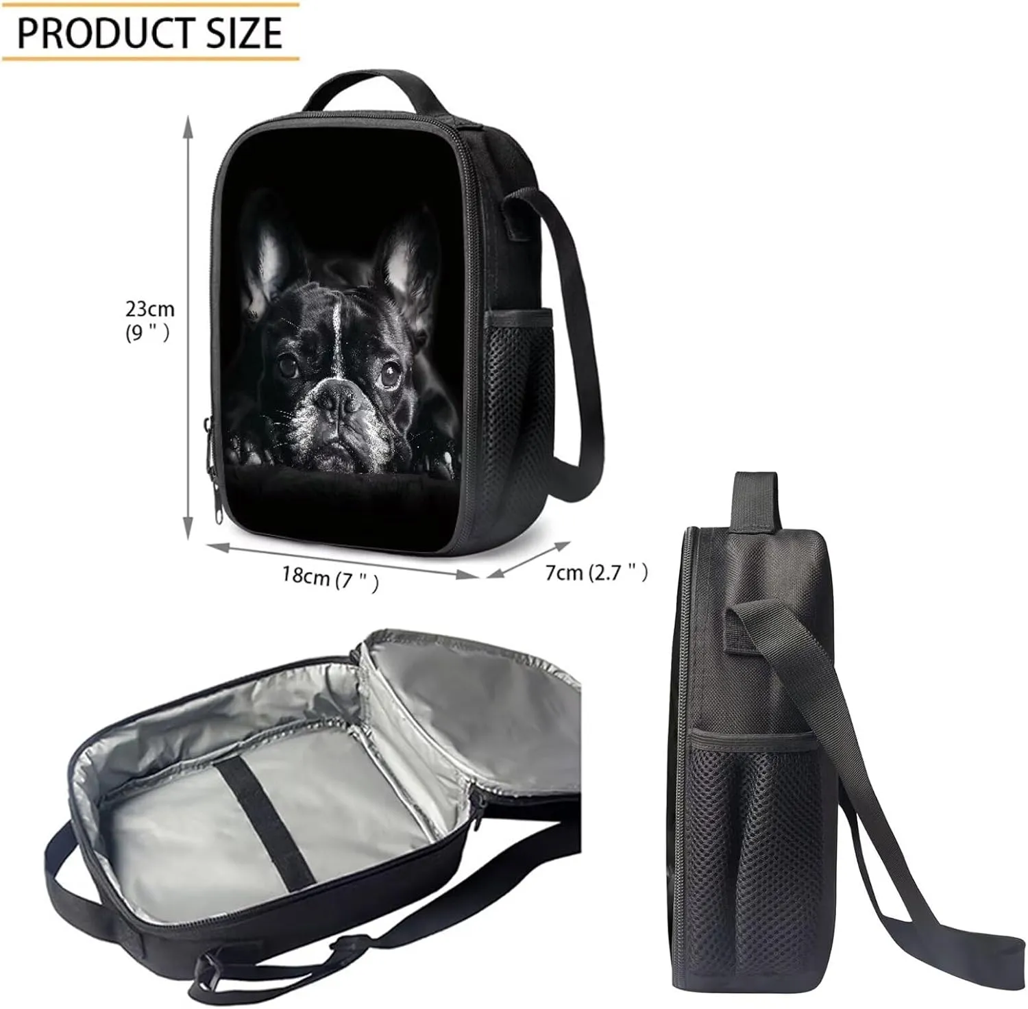 3Pcs Black French Bulldog Print Student Backpack Book Bags Knapsack Rucksack Lunch Bag for Preschool Kindergarten Elementary Students