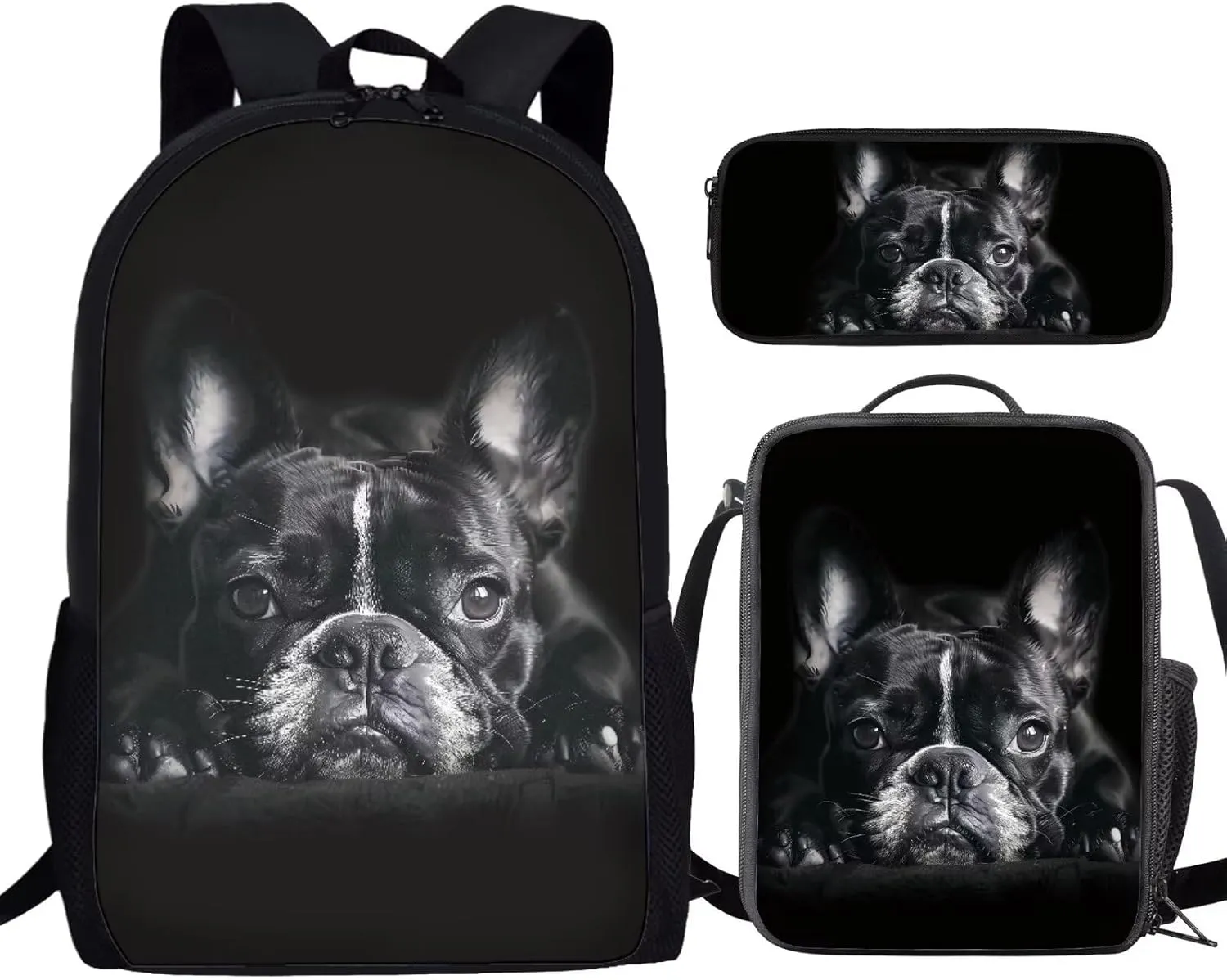 3Pcs Black French Bulldog Print Student Backpack Book Bags Knapsack Rucksack Lunch Bag for Preschool Kindergarten Elementary Students