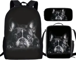 3Pcs Black French Bulldog Print Student Backpack Book Bags Knapsack Rucksack Lunch Bag for Preschool Kindergarten Elementary Students