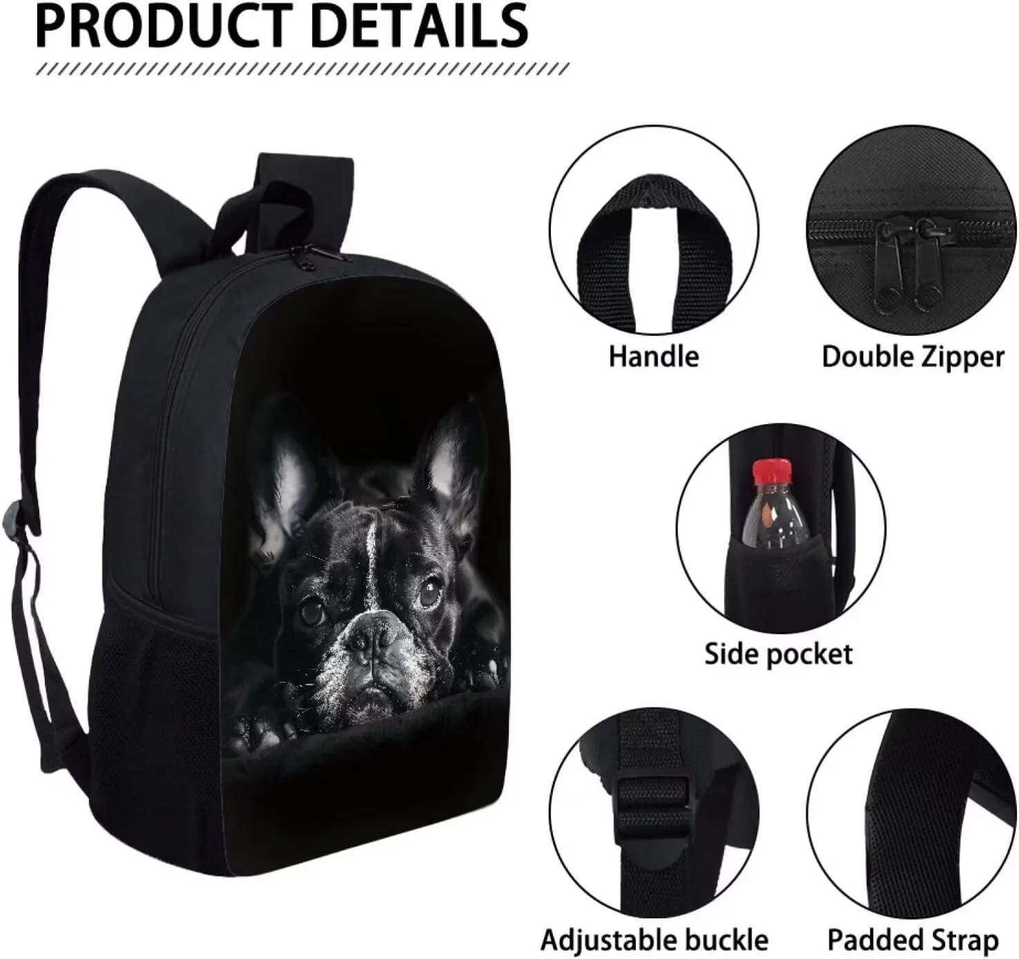 3Pcs Black French Bulldog Print Student Backpack Book Bags Knapsack Rucksack Lunch Bag for Preschool Kindergarten Elementary Students