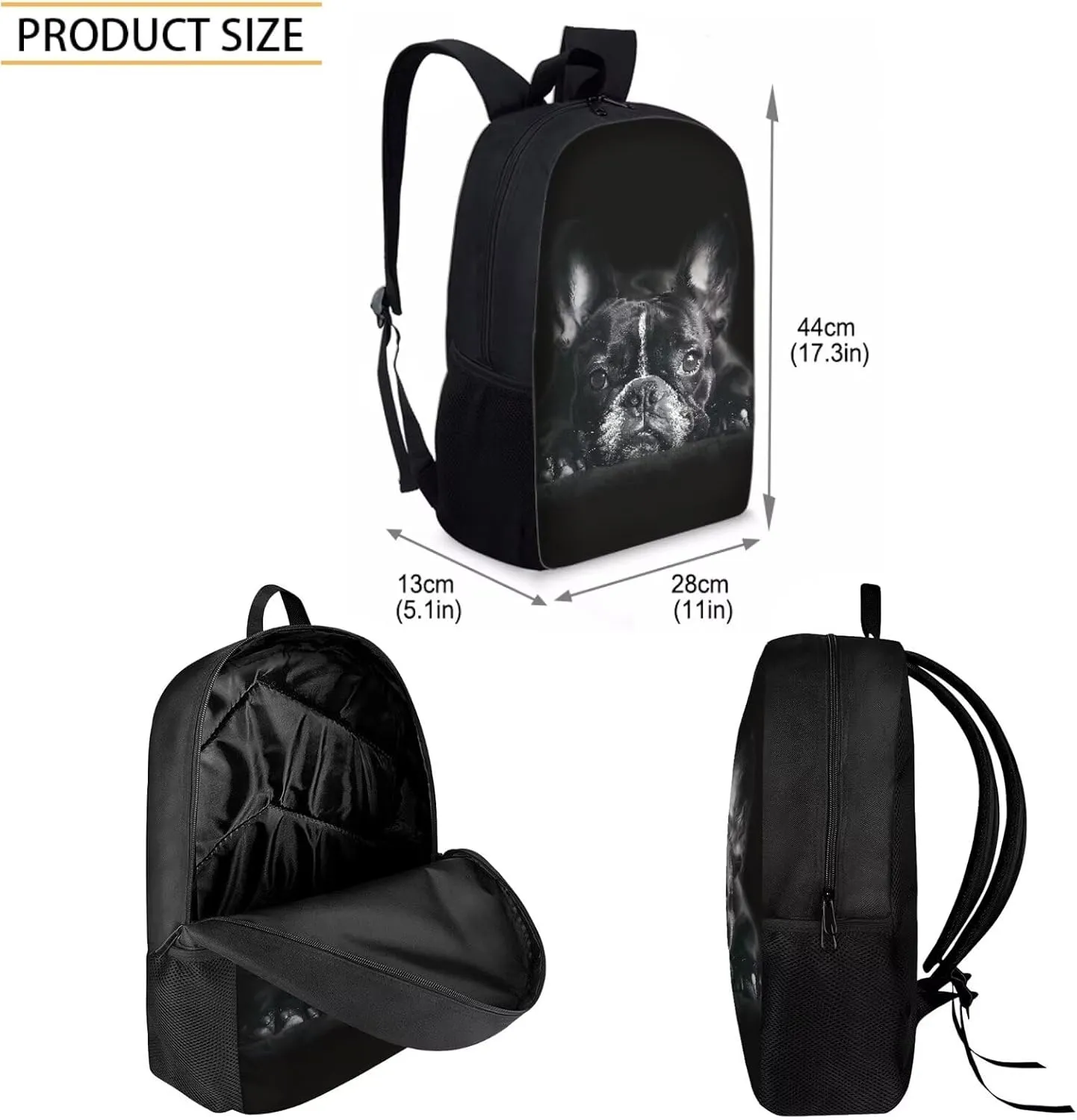 3Pcs Black French Bulldog Print Student Backpack Book Bags Knapsack Rucksack Lunch Bag for Preschool Kindergarten Elementary Students