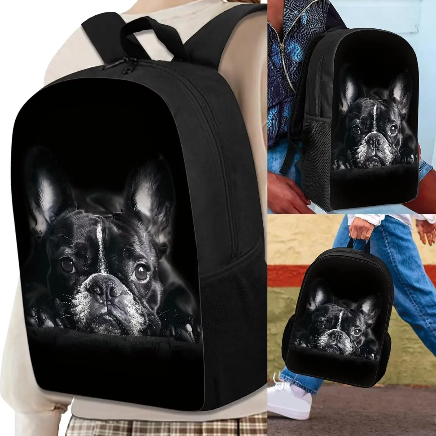 3Pcs Black French Bulldog Print Student Backpack Book Bags Knapsack Rucksack Lunch Bag for Preschool Kindergarten Elementary Students