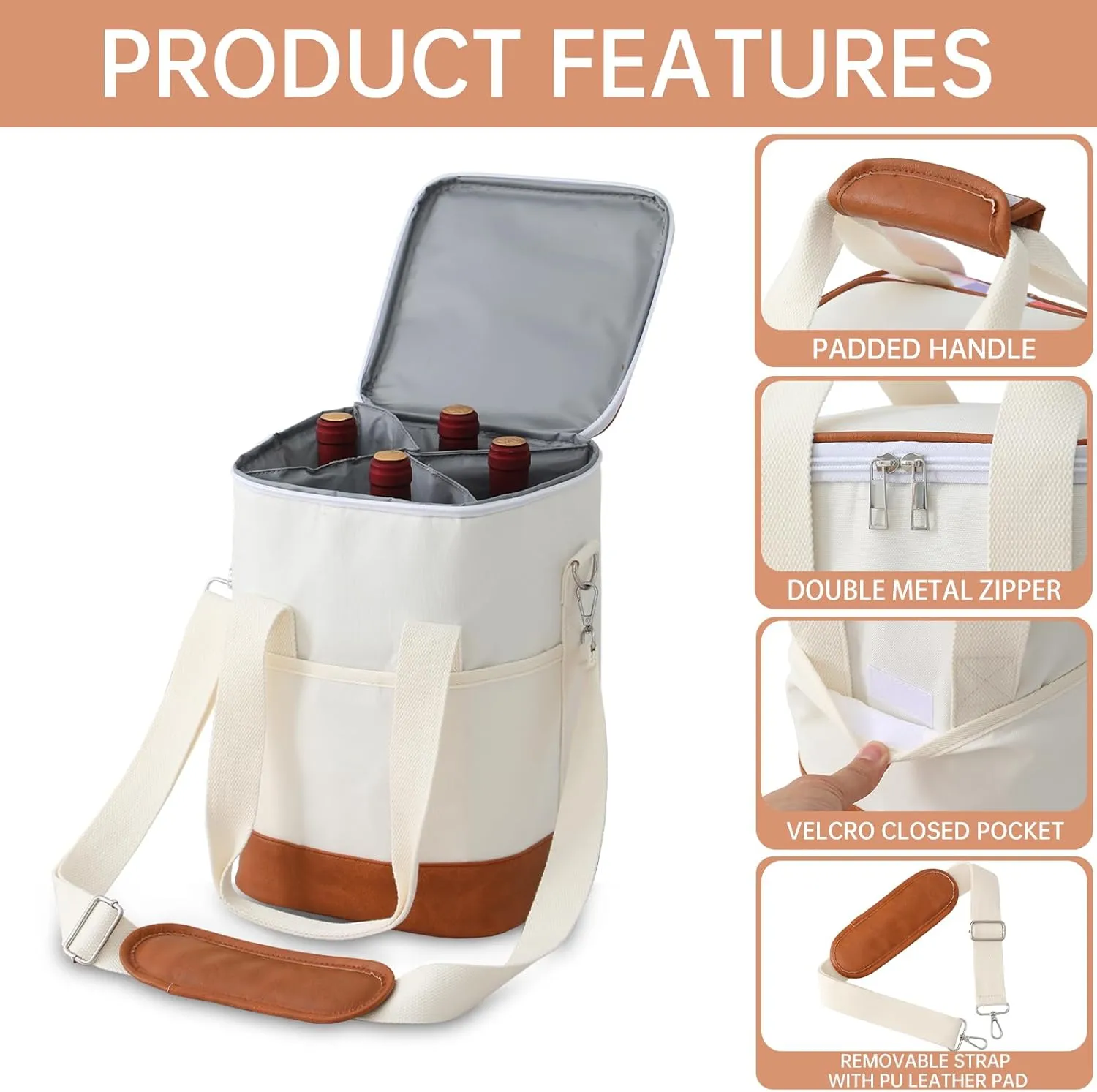 4 Bottle Wine Tote Bag - Leakproof & Insulated Wine Carrier Travel Padded Wine Cooler Bag with Adjustable Strap, Picnics, Beach & Parties, Stylish Gift for Wine Lovers (Beige)