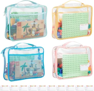 4-Pack PVC Waterproof Toy Storage Bags（Label, 10 Memo Cards), Large 13.8" x 3.2" x 10" Clear Double Zipper Organizing Bags with Handle, Magnetic Tiles Blocks Board game Storage Organizer Case