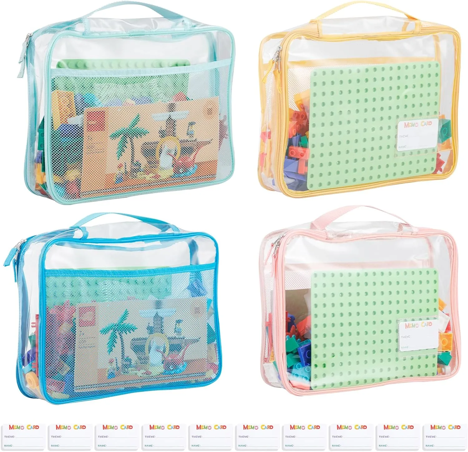 4-Pack PVC Waterproof Toy Storage Bags（Label, 10 Memo Cards), Large 13.8" x 3.2" x 10" Clear Double Zipper Organizing Bags with Handle, Magnetic Tiles Blocks Board game Storage Organizer Case
