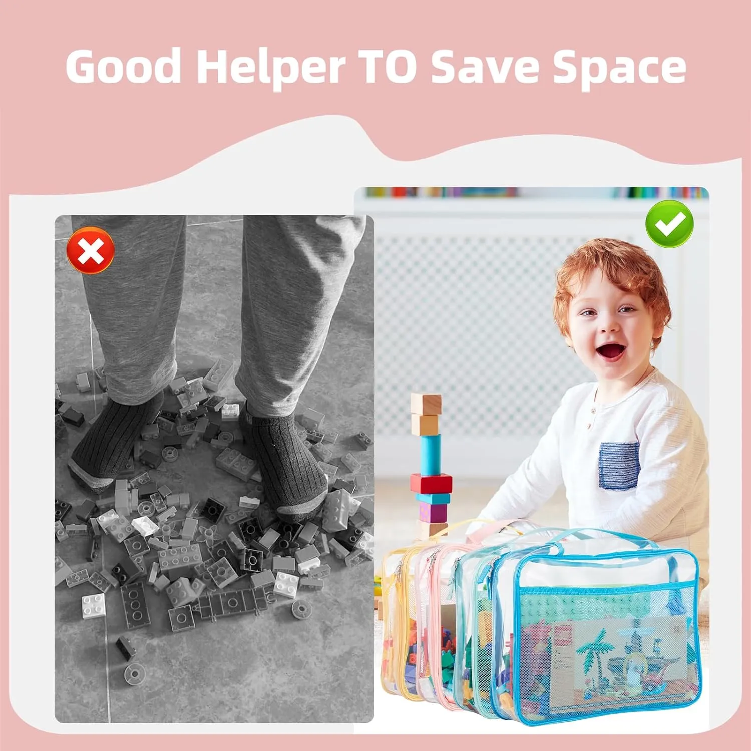 4-Pack PVC Waterproof Toy Storage Bags（Label, 10 Memo Cards), Large 13.8" x 3.2" x 10" Clear Double Zipper Organizing Bags with Handle, Magnetic Tiles Blocks Board game Storage Organizer Case