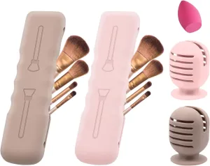 4Pack Brush Sponge Holder, Silicone Makeup Brush Covers Bag, Travel Beauty Blender Holders, Suctioned Drying Stand, Magnetic Brushes Case Organizer for Traveling - Cute Portable Pink, Khaki