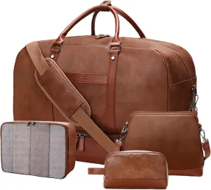 4PCS Leather Duffle bags, Weekender Bag for Women Men, Large Travel Duffel Bag Overnight Bag with Shower Toiletry Satchel Bags Sets