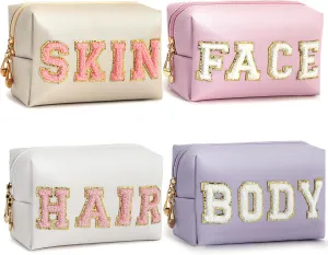 4PCS Preppy Makeup Bag for Women Travel Toiletry Bag Chenille Letter Cosmetic Bag PU Leather Waterproof Pouch Cute Zipper Organizer, Skin, Hair, Face and Body